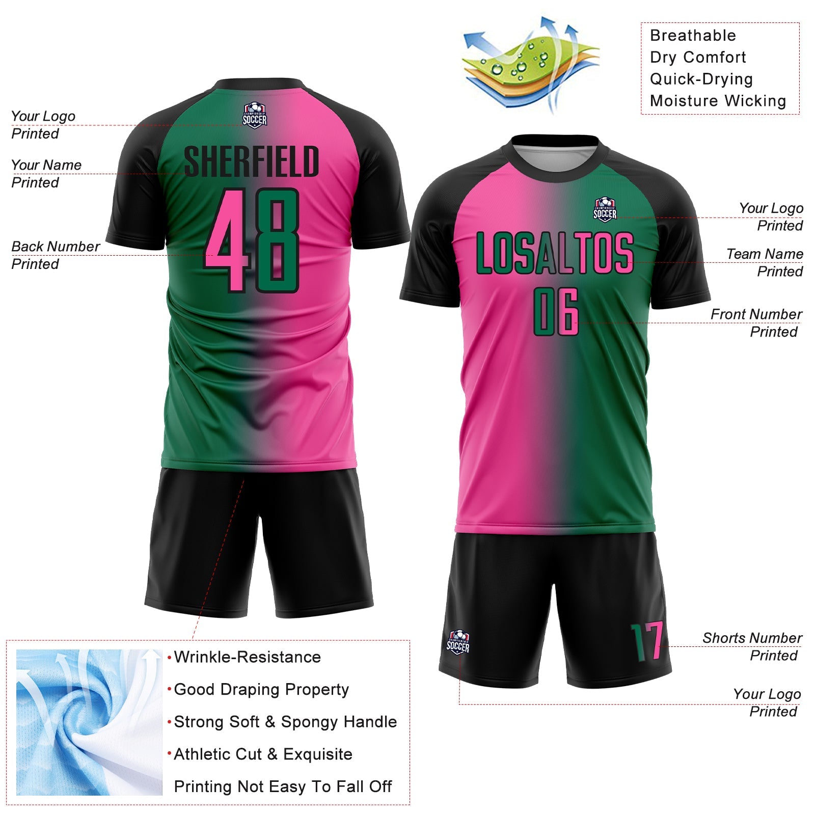 Custom Kelly Green Pink-Black Sublimation Gradient Fashion Soccer Uniform Jersey