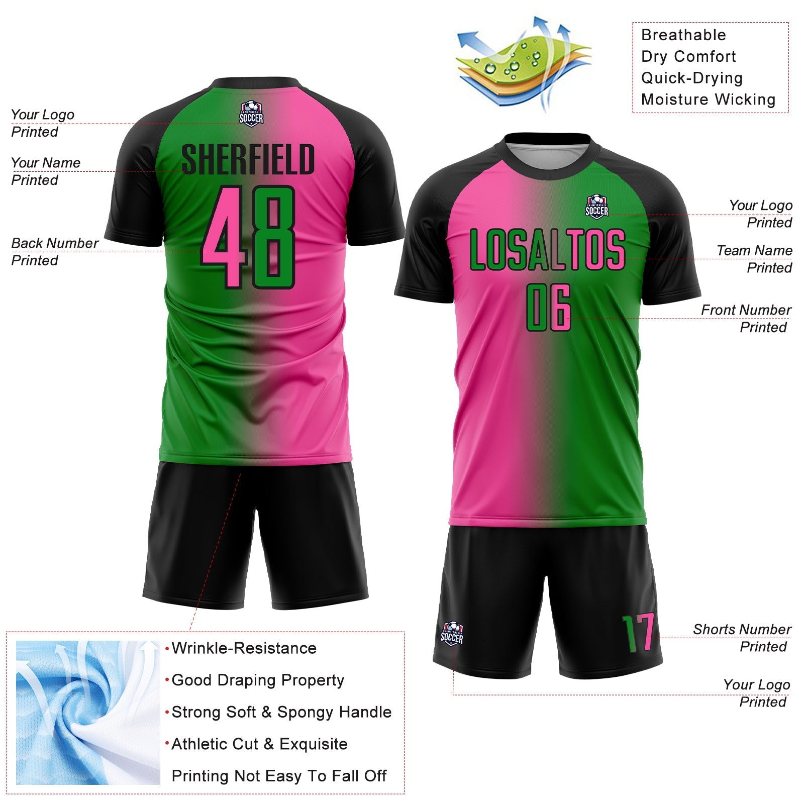 Custom Grass Green Pink-Black Sublimation Gradient Fashion Soccer Uniform Jersey