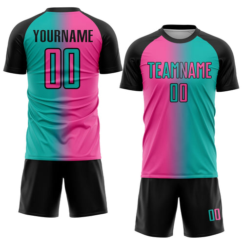 Custom Aqua Pink-Black Sublimation Gradient Fashion Soccer Uniform Jersey
