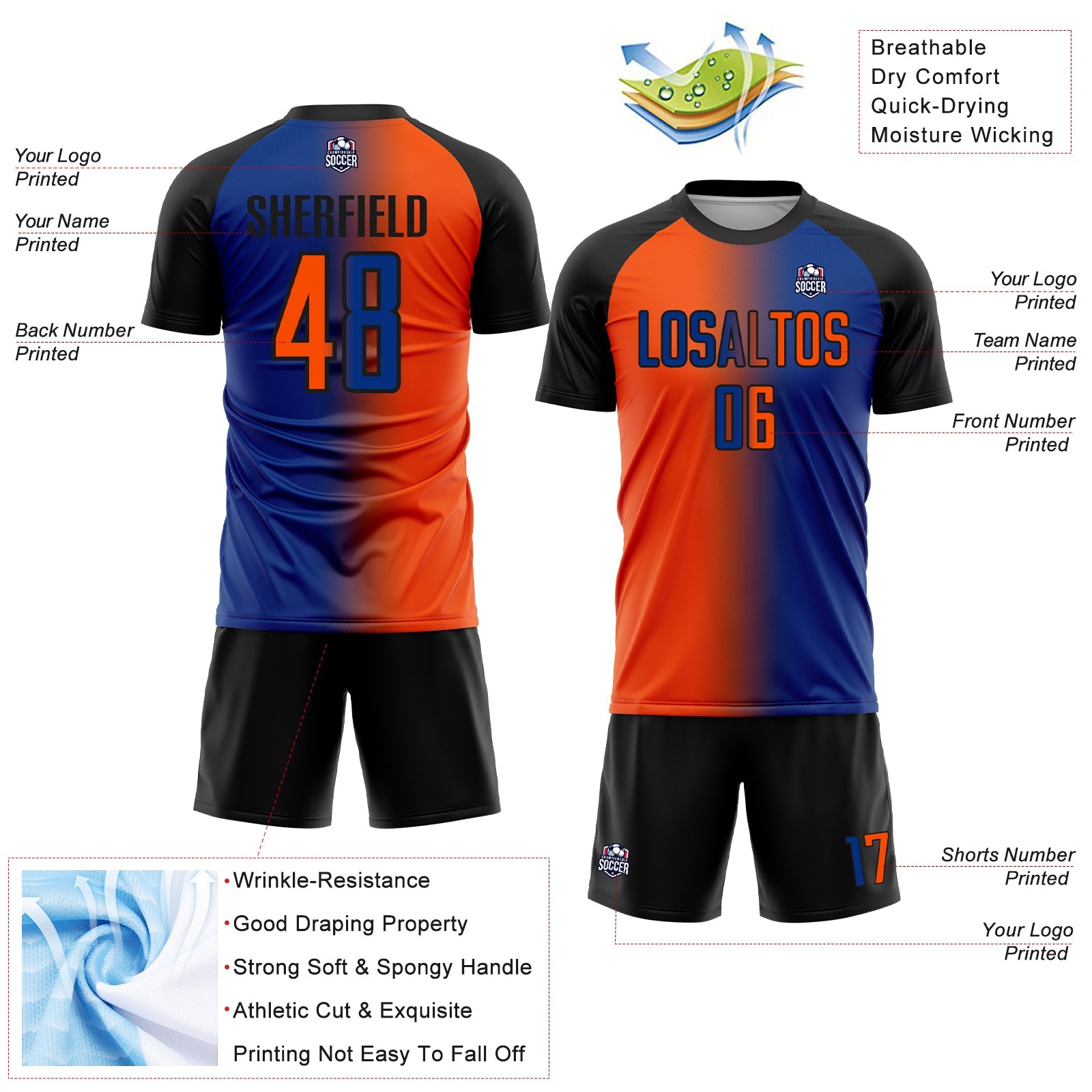 Custom Royal Orange-Black Sublimation Gradient Fashion Soccer Uniform Jersey