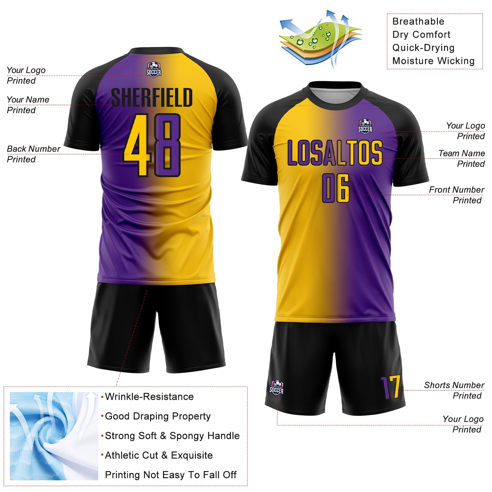 Custom Purple Yellow-Black Sublimation Gradient Fashion Soccer Uniform Jersey