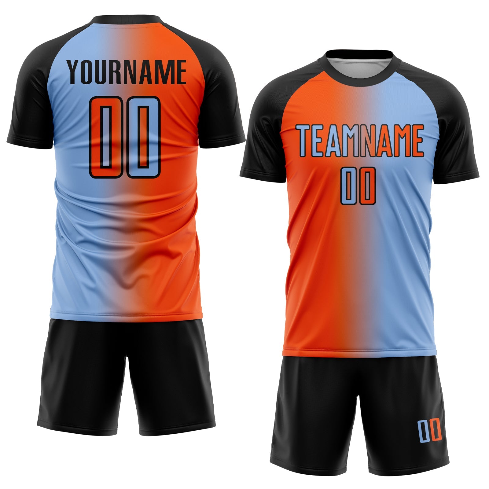 Custom Light Blue Orange-Black Sublimation Gradient Fashion Soccer Uniform Jersey
