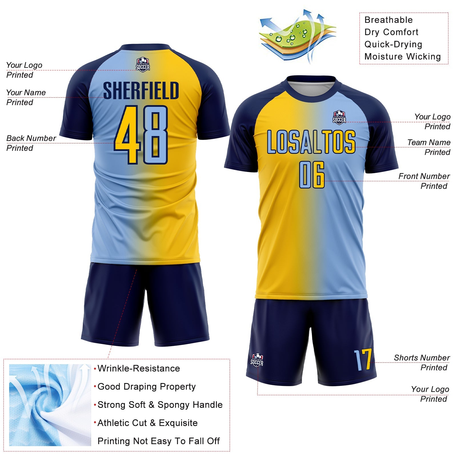 Custom Light Blue Yellow-Navy Sublimation Gradient Fashion Soccer Uniform Jersey