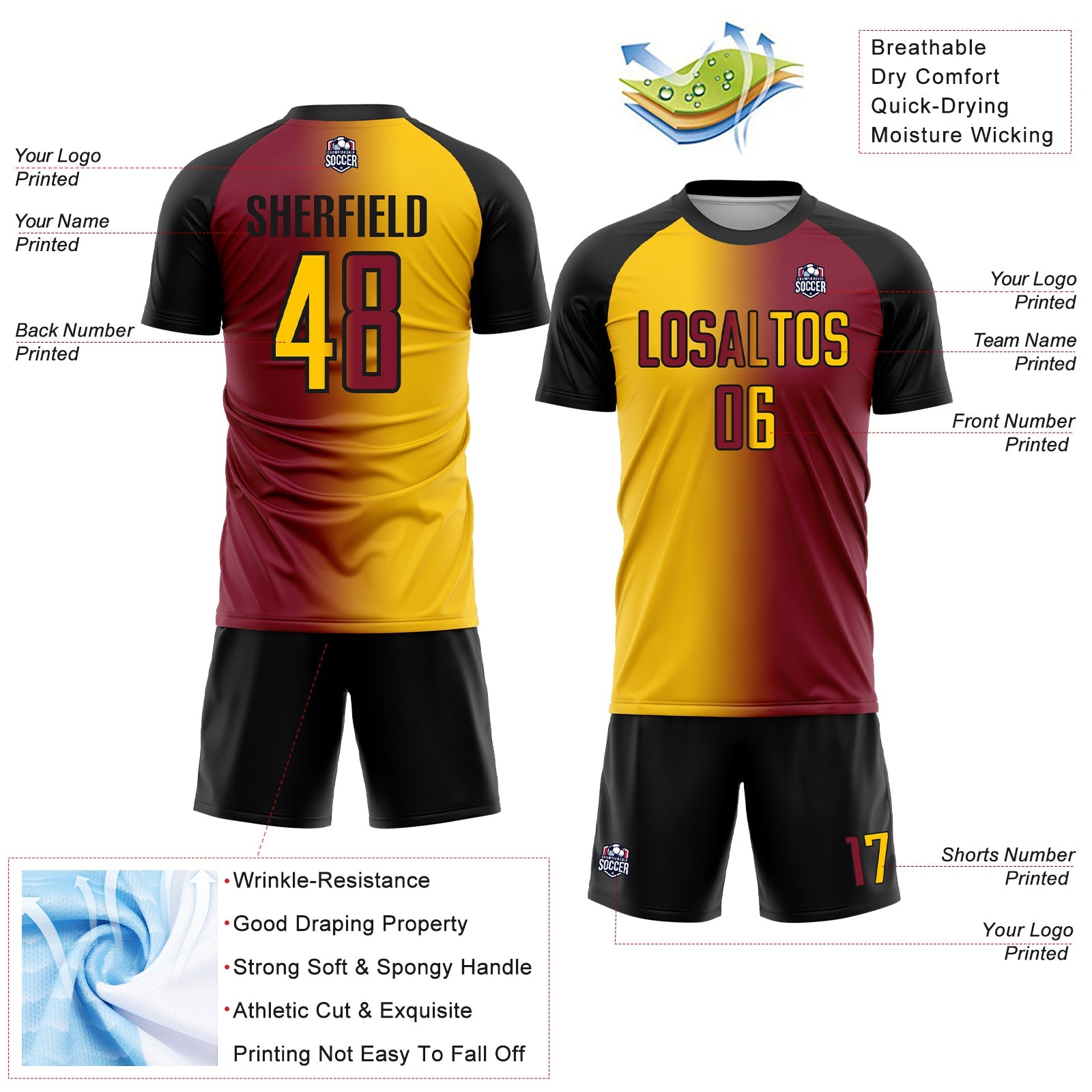 Custom Crimson Yellow-Black Sublimation Gradient Fashion Soccer Uniform Jersey