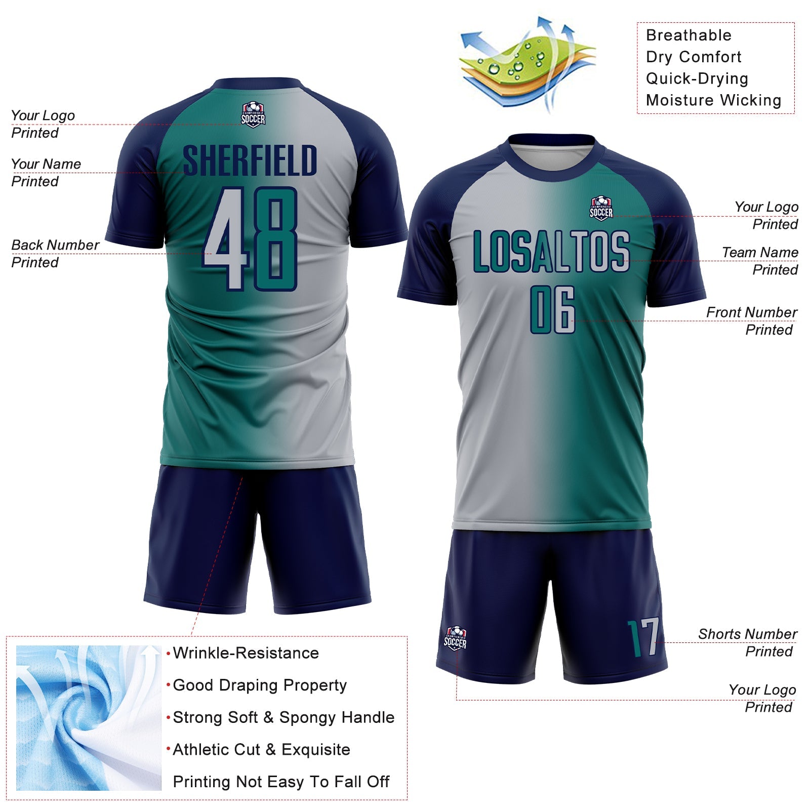 Custom Teal Gray-Navy Sublimation Gradient Fashion Soccer Uniform Jersey