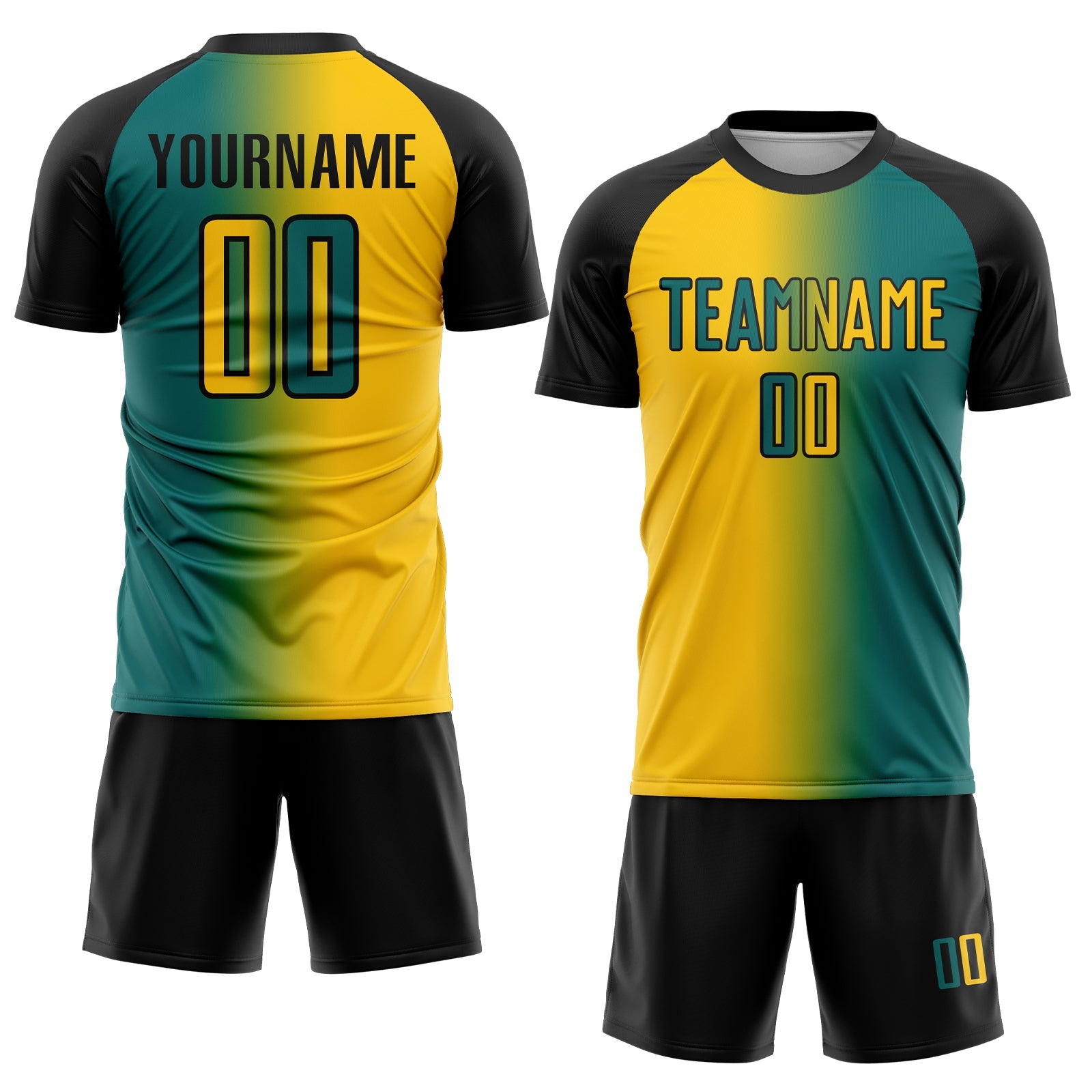 Custom Teal Yellow-Black Sublimation Gradient Fashion Soccer Uniform Jersey