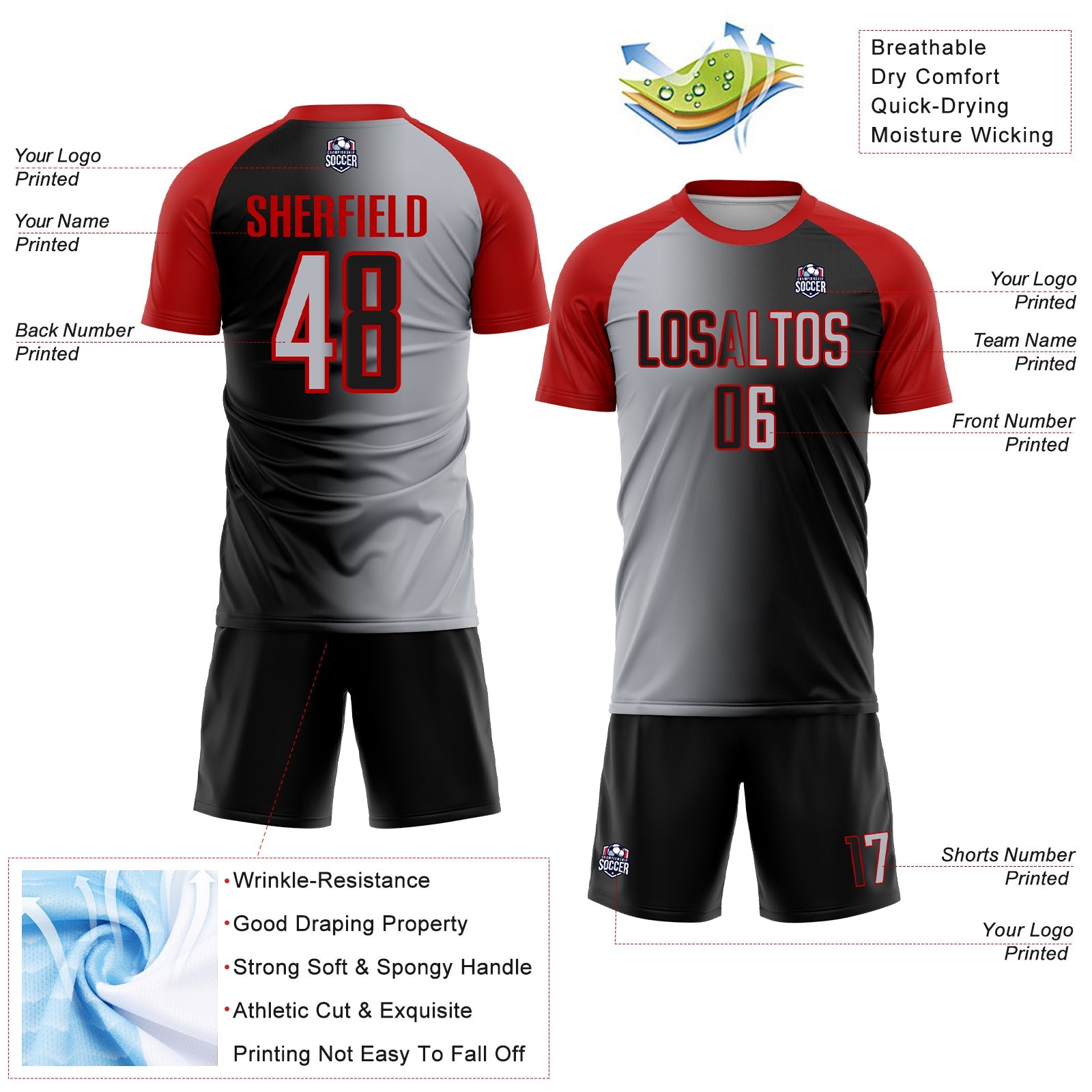 Custom Black Gray-Red Sublimation Gradient Fashion Soccer Uniform Jersey