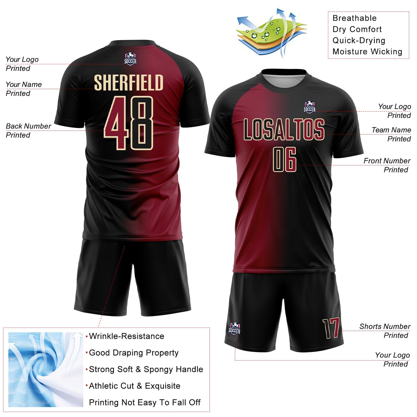 Custom Black Crimson-Cream Sublimation Gradient Fashion Soccer Uniform Jersey