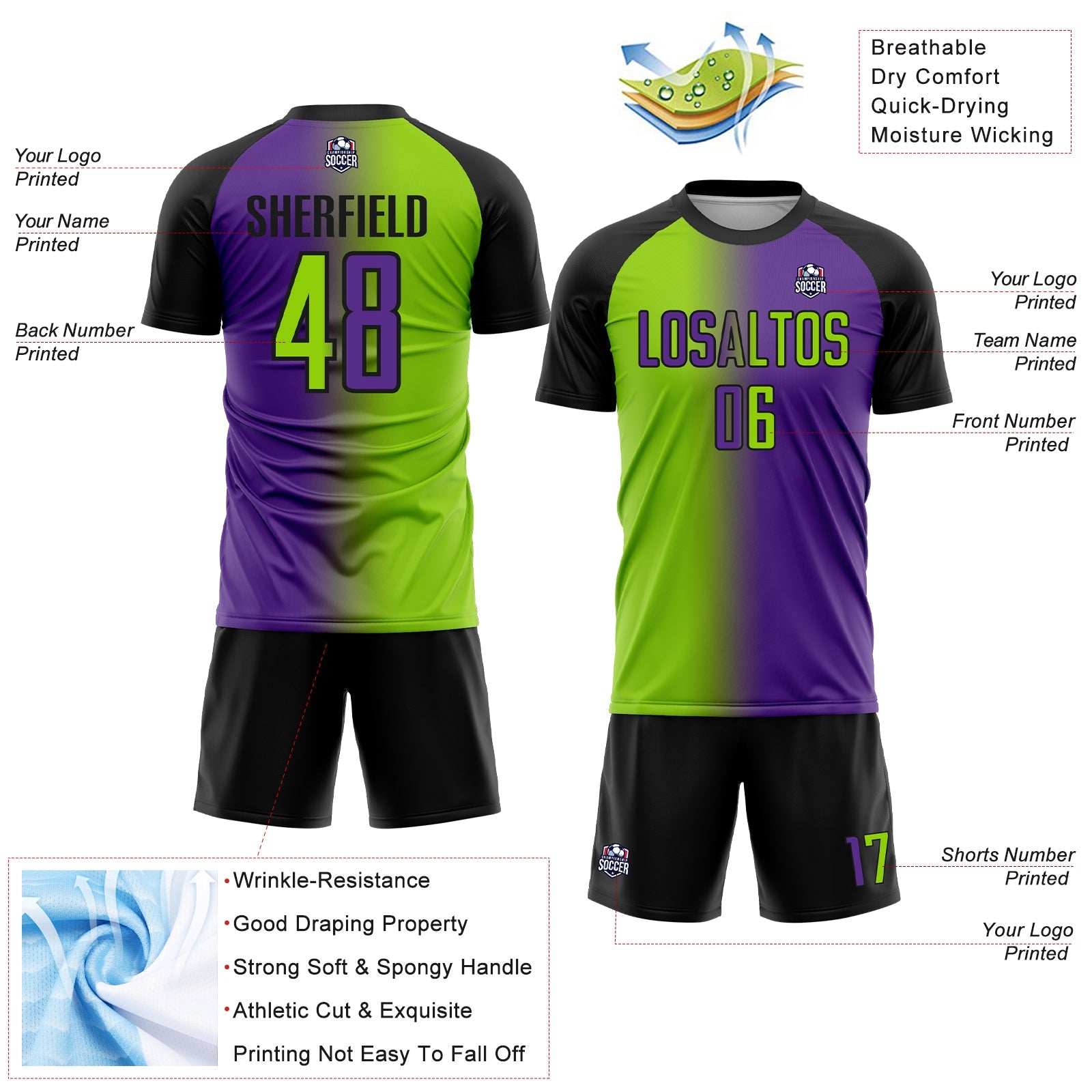 Custom Purple Neon Green-Black Sublimation Gradient Fashion Soccer Uniform Jersey