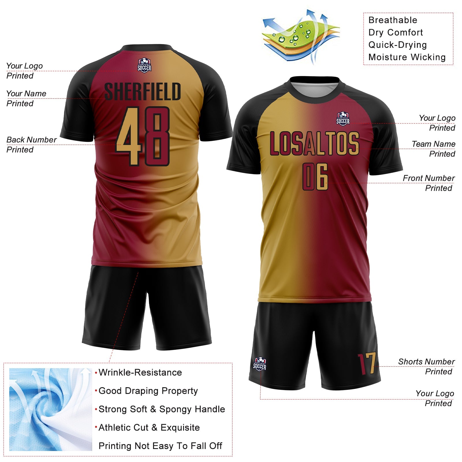 Custom Maroon Old Gold-Black Sublimation Gradient Fashion Soccer Uniform Jersey