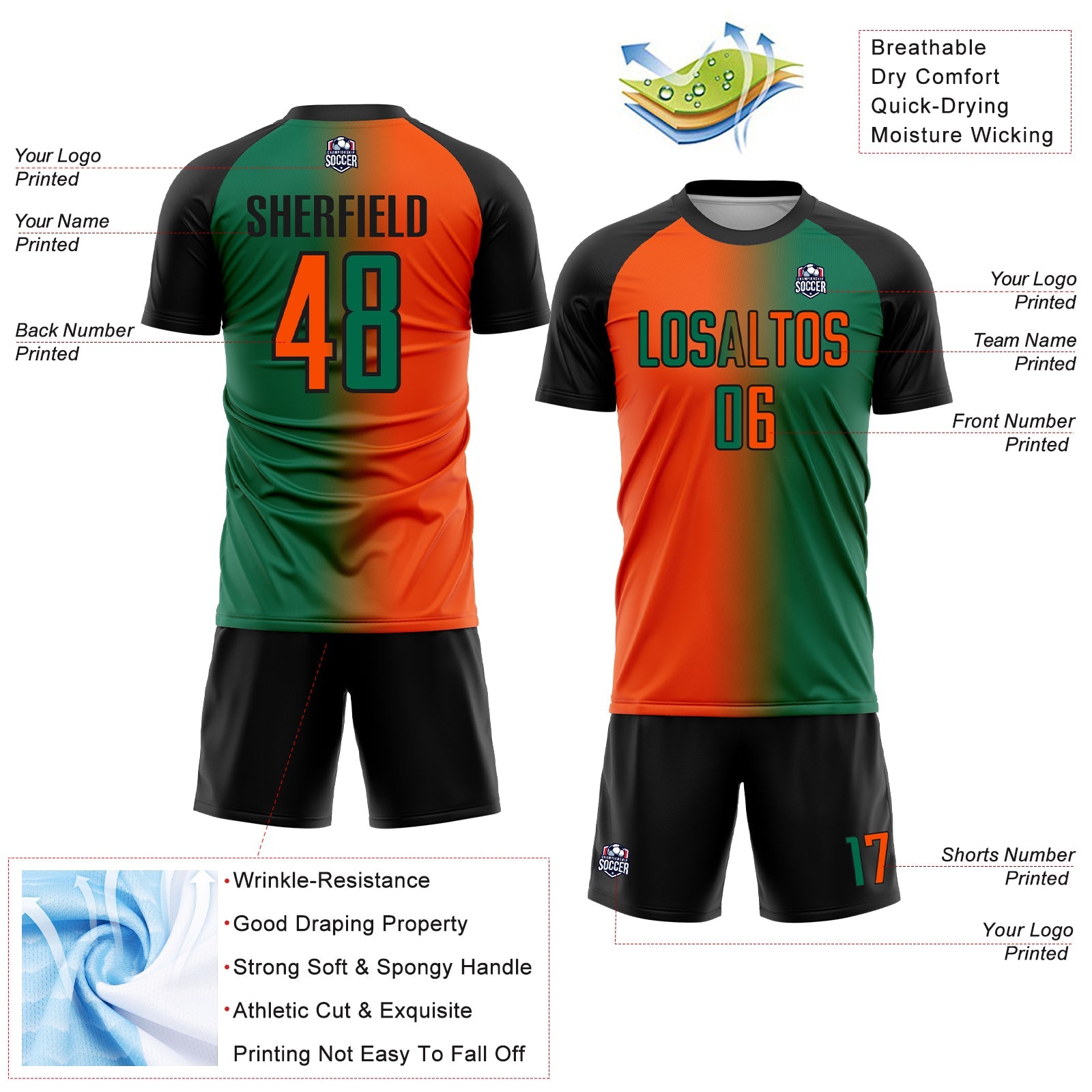 Custom Kelly Green Orange-Black Sublimation Gradient Fashion Soccer Uniform Jersey
