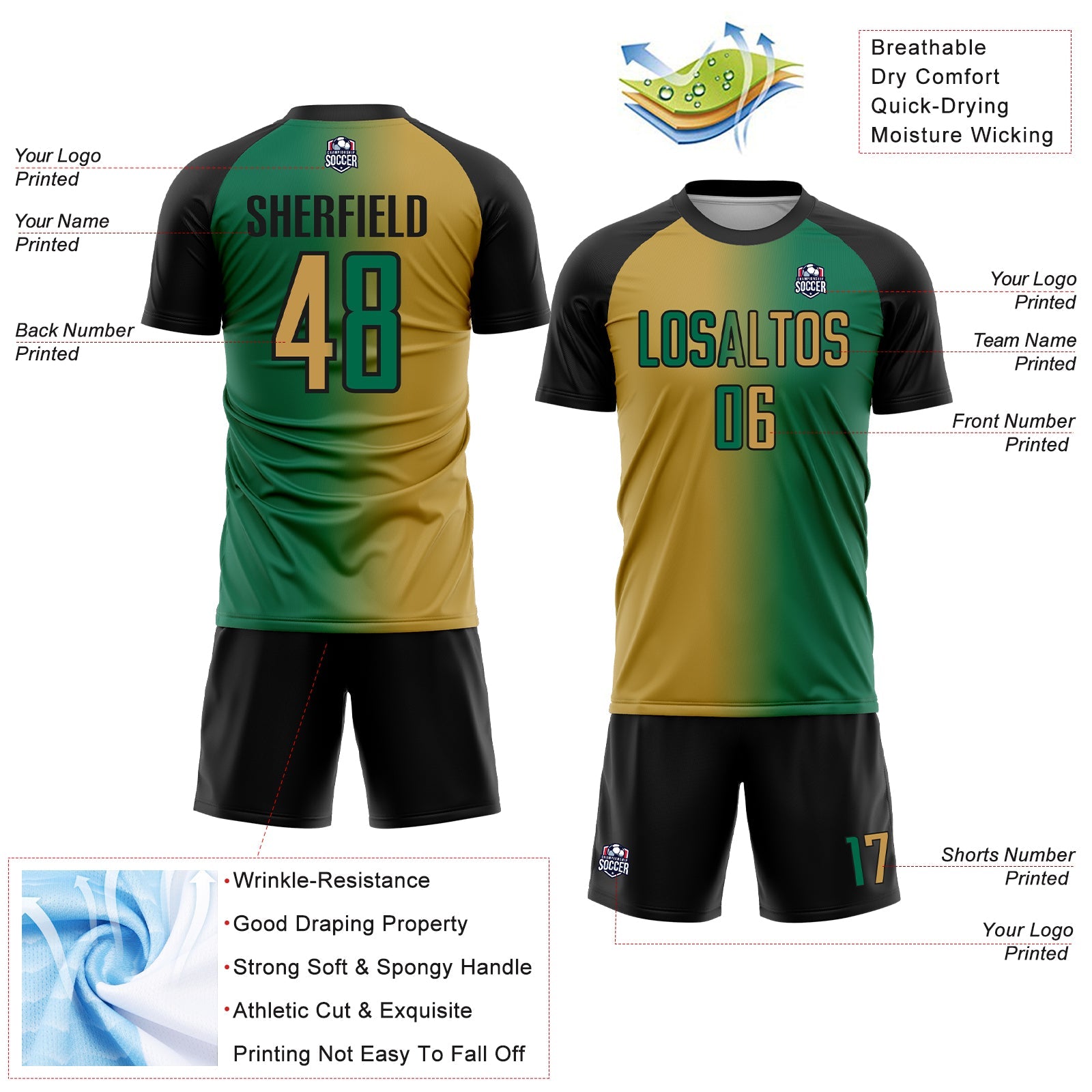Custom Kelly Green Old Gold-Black Sublimation Gradient Fashion Soccer Uniform Jersey