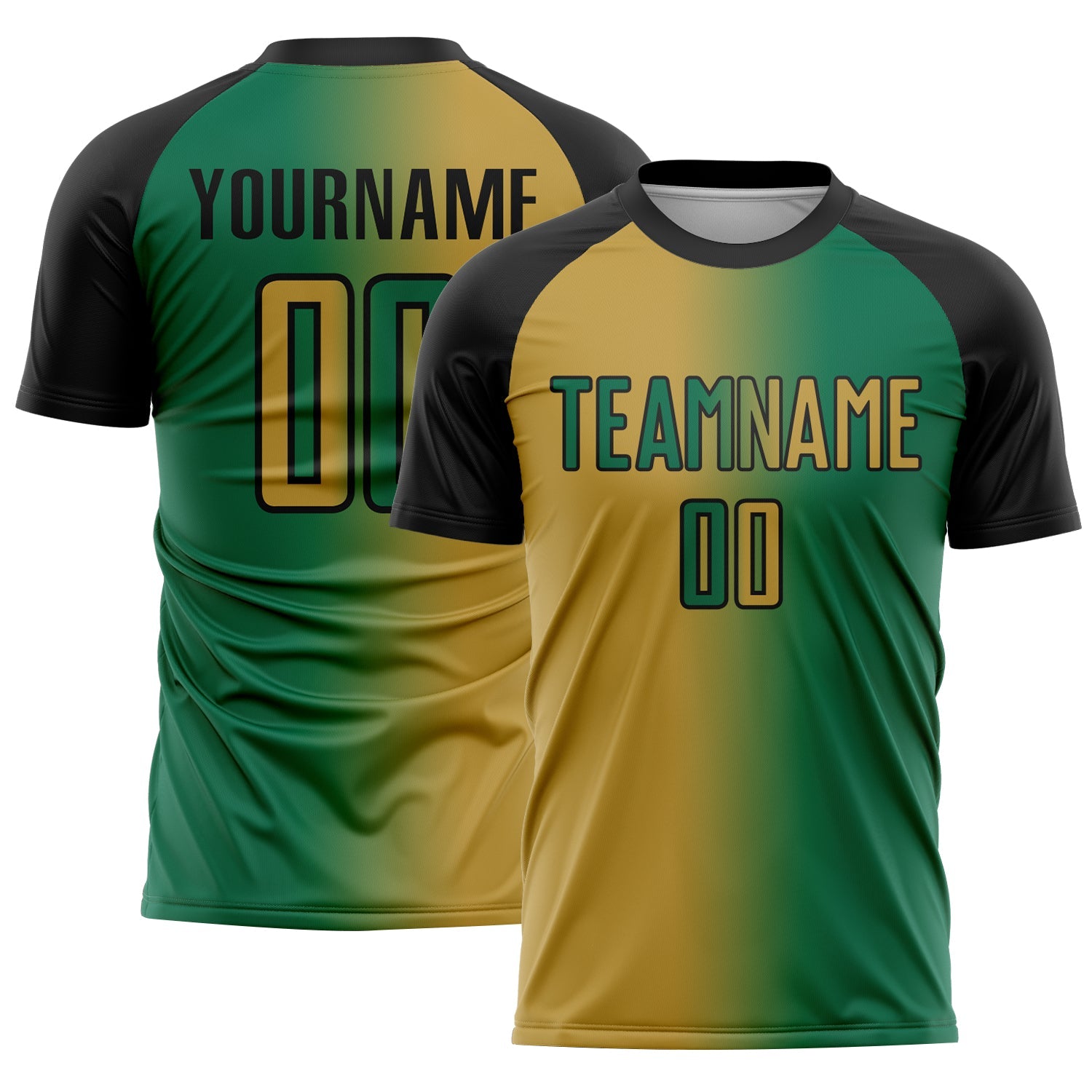 Custom Kelly Green Old Gold-Black Sublimation Gradient Fashion Soccer Uniform Jersey