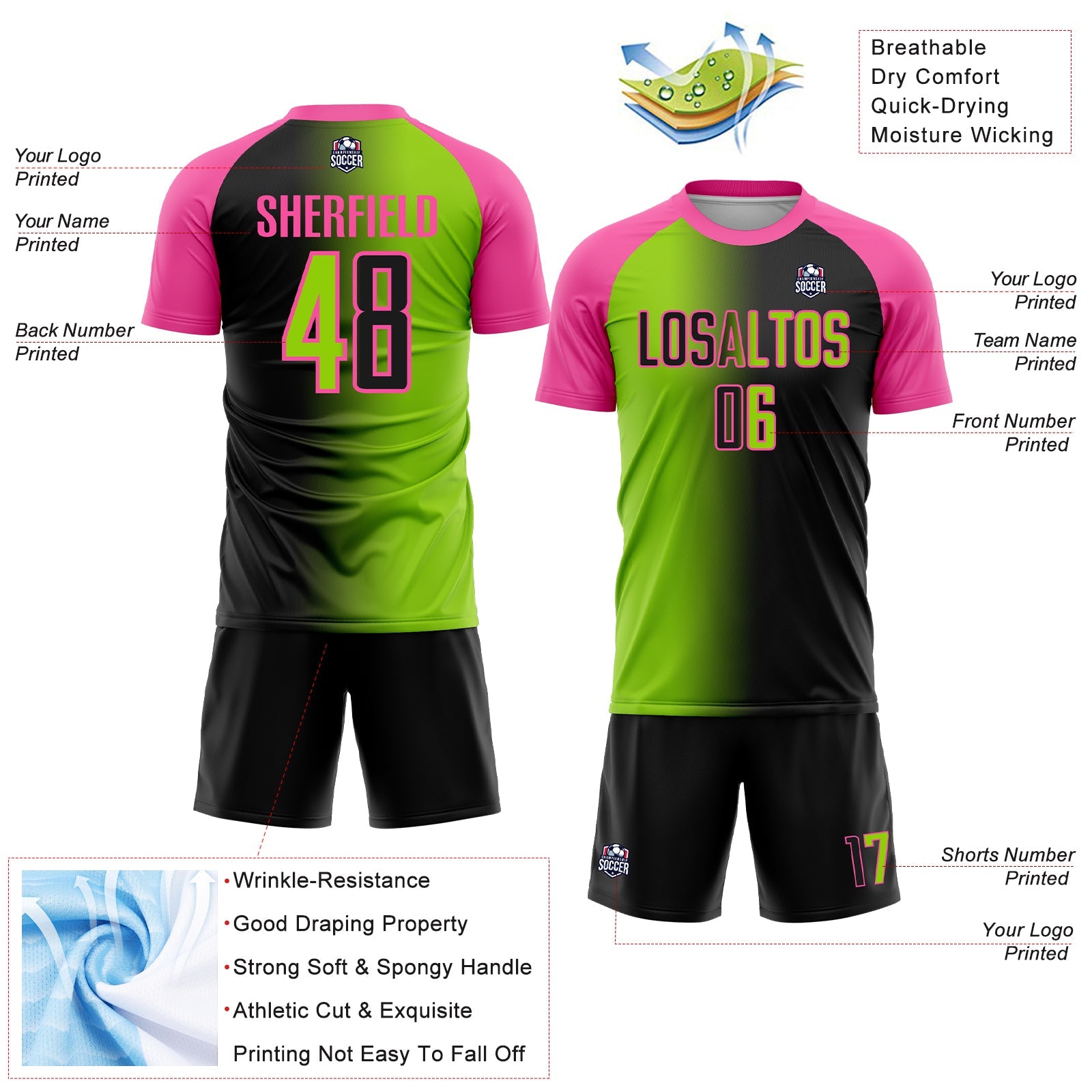 Custom Black Neon Green-Pink Sublimation Gradient Fashion Soccer Uniform Jersey