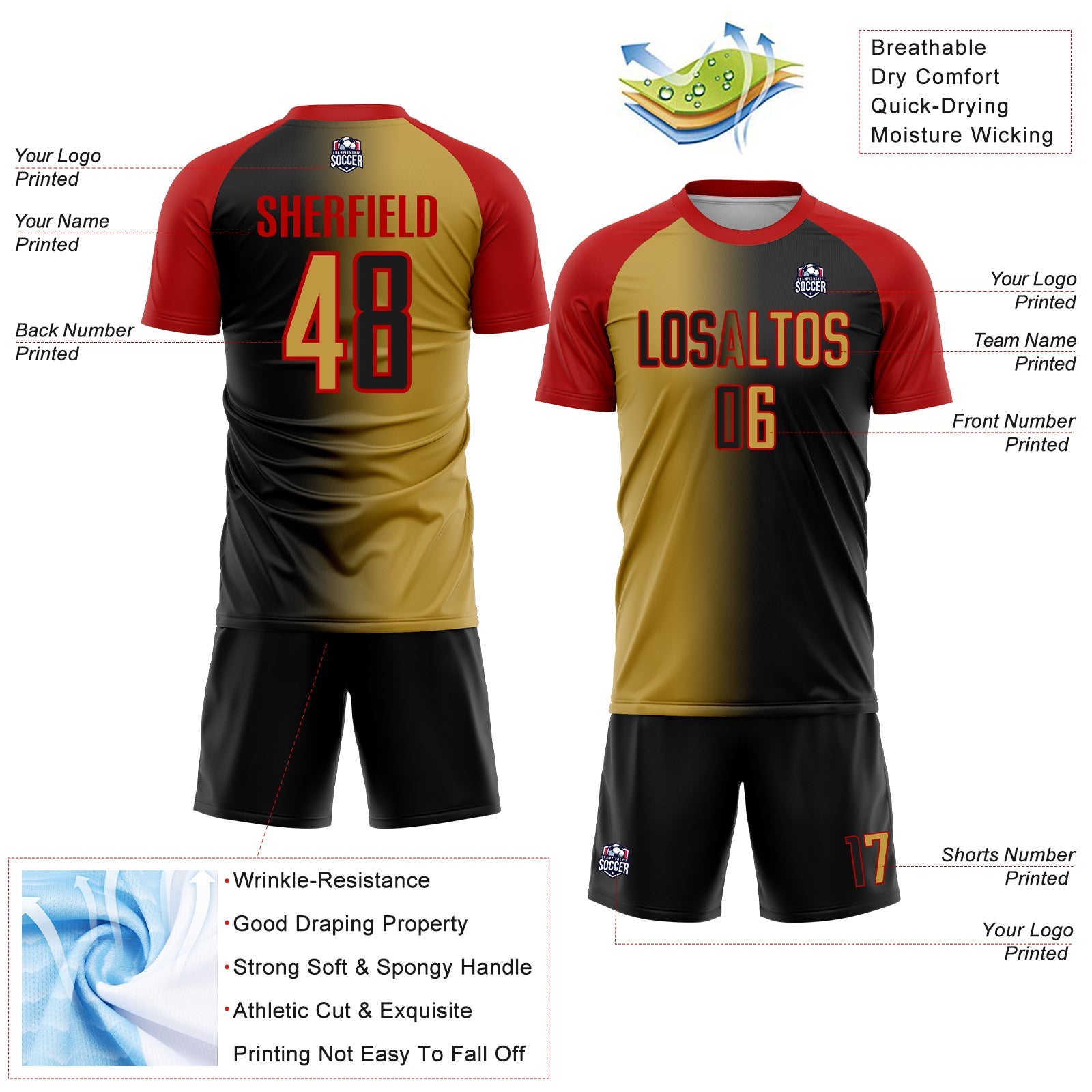 Custom Black Old Gold-Red Sublimation Gradient Fashion Soccer Uniform Jersey