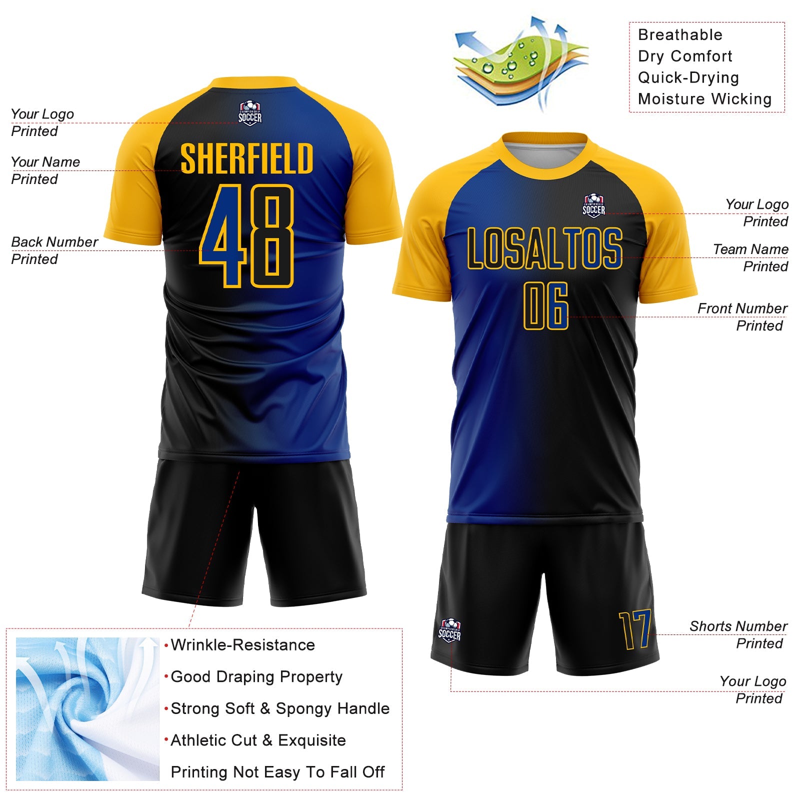 Custom Black Royal-Gold Sublimation Gradient Fashion Soccer Uniform Jersey