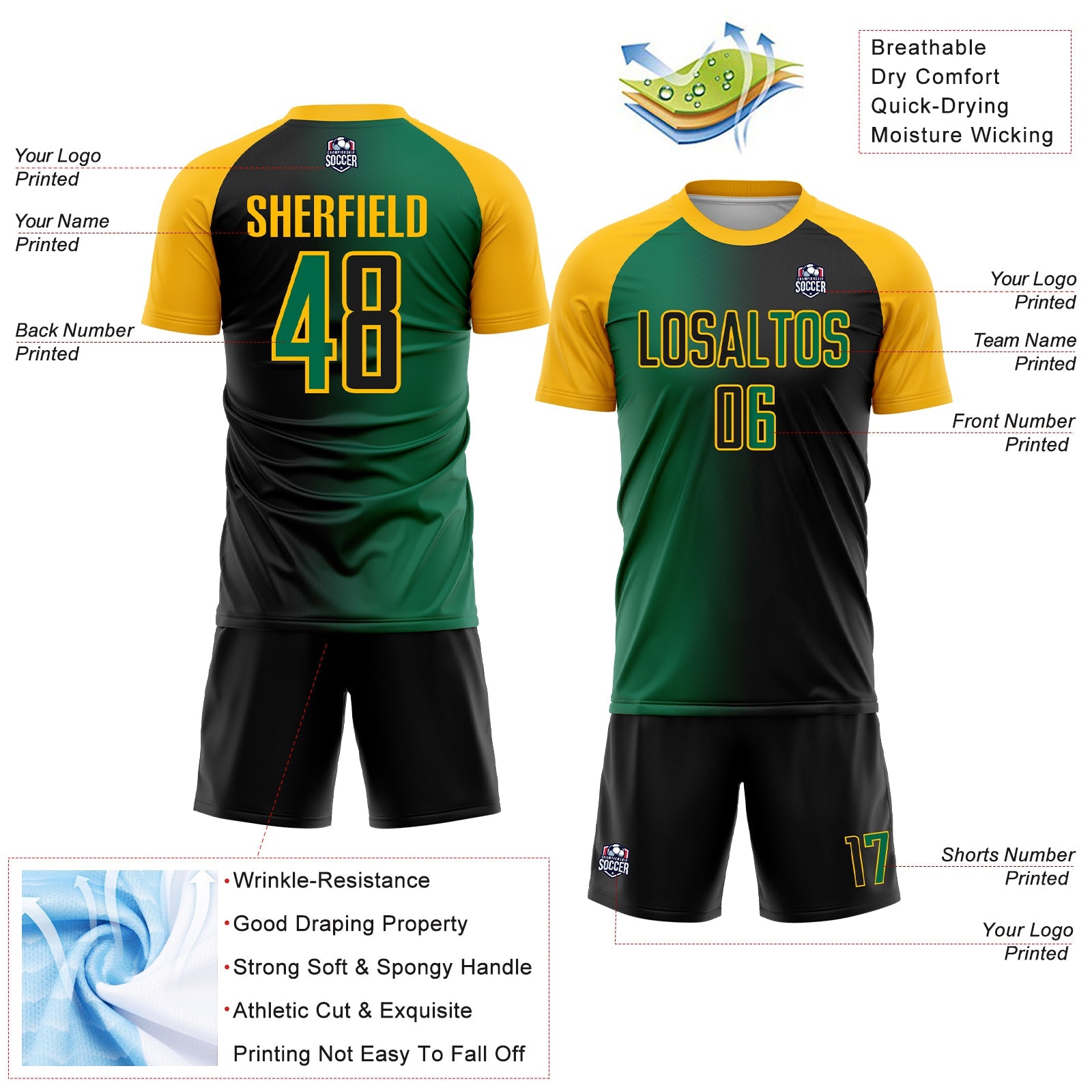 Custom Black Kelly Green-Gold Sublimation Gradient Fashion Soccer Uniform Jersey