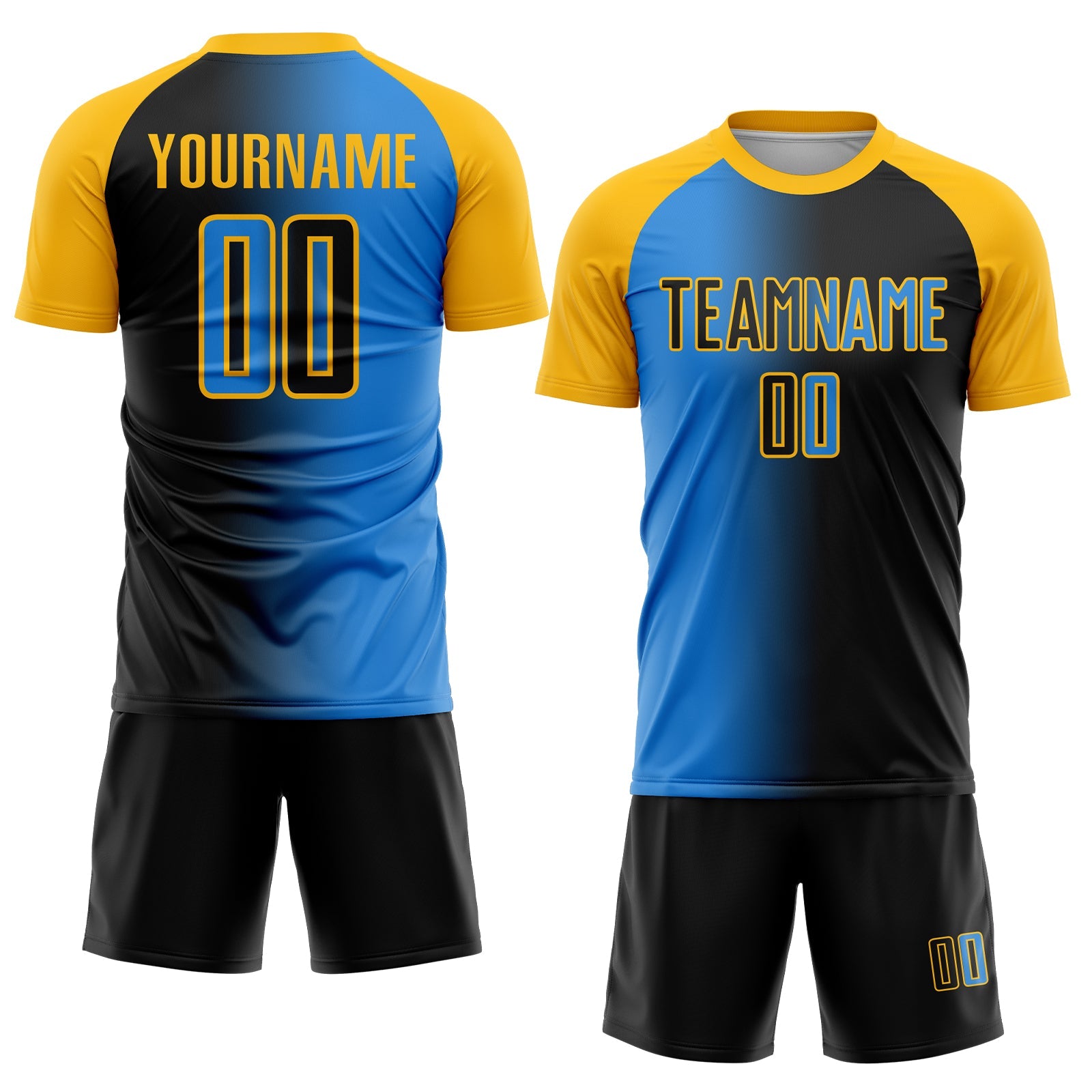 Custom Black Powder Blue-Gold Sublimation Gradient Fashion Soccer Uniform Jersey