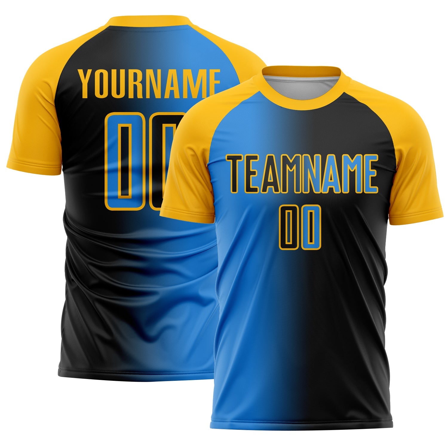 Custom Black Powder Blue-Gold Sublimation Gradient Fashion Soccer Uniform Jersey