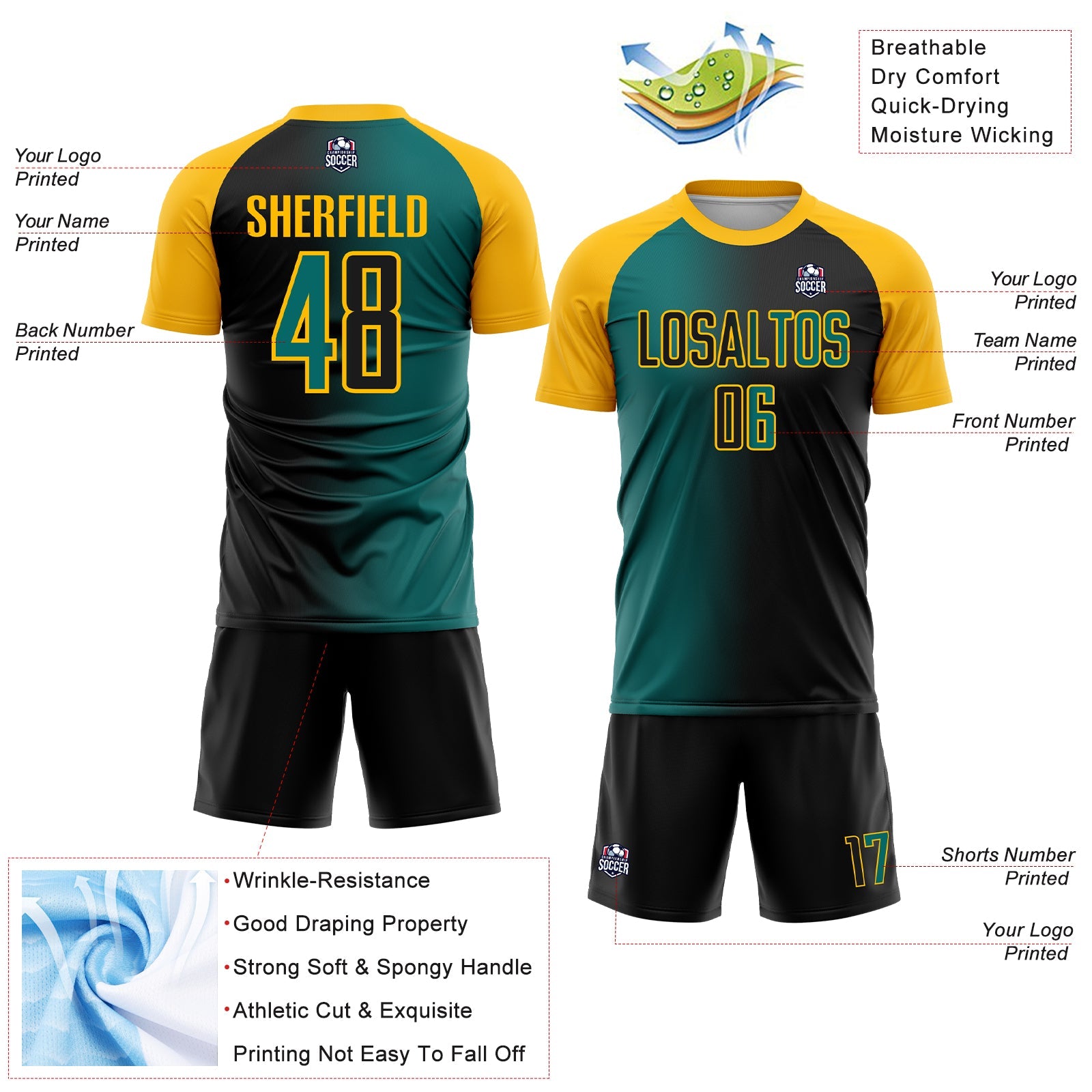 Custom Black Teal-Gold Sublimation Gradient Fashion Soccer Uniform Jersey