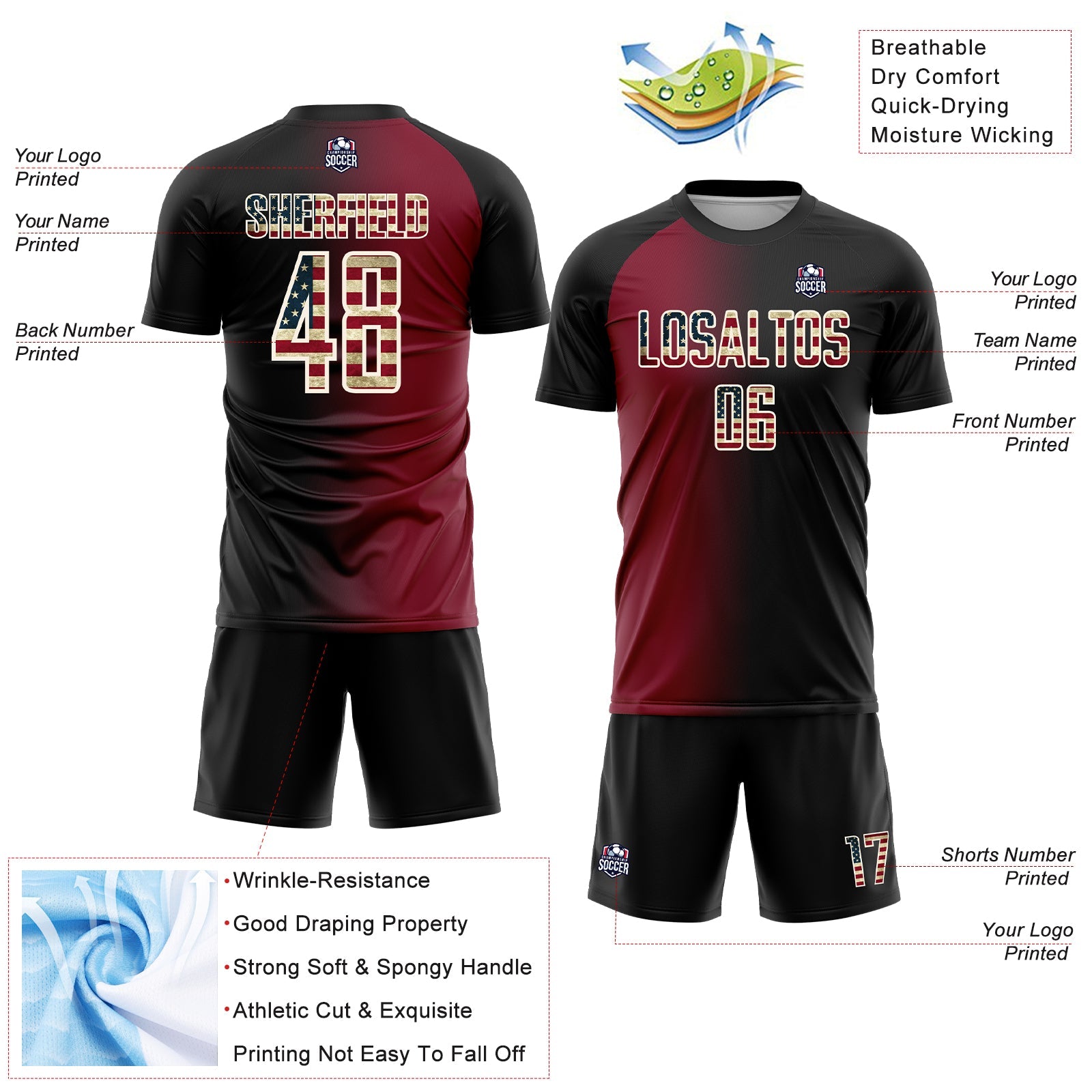 Custom Black Vintage USA Flag Crimson-Cream Sublimation Gradient Fashion Soccer Uniform Jersey