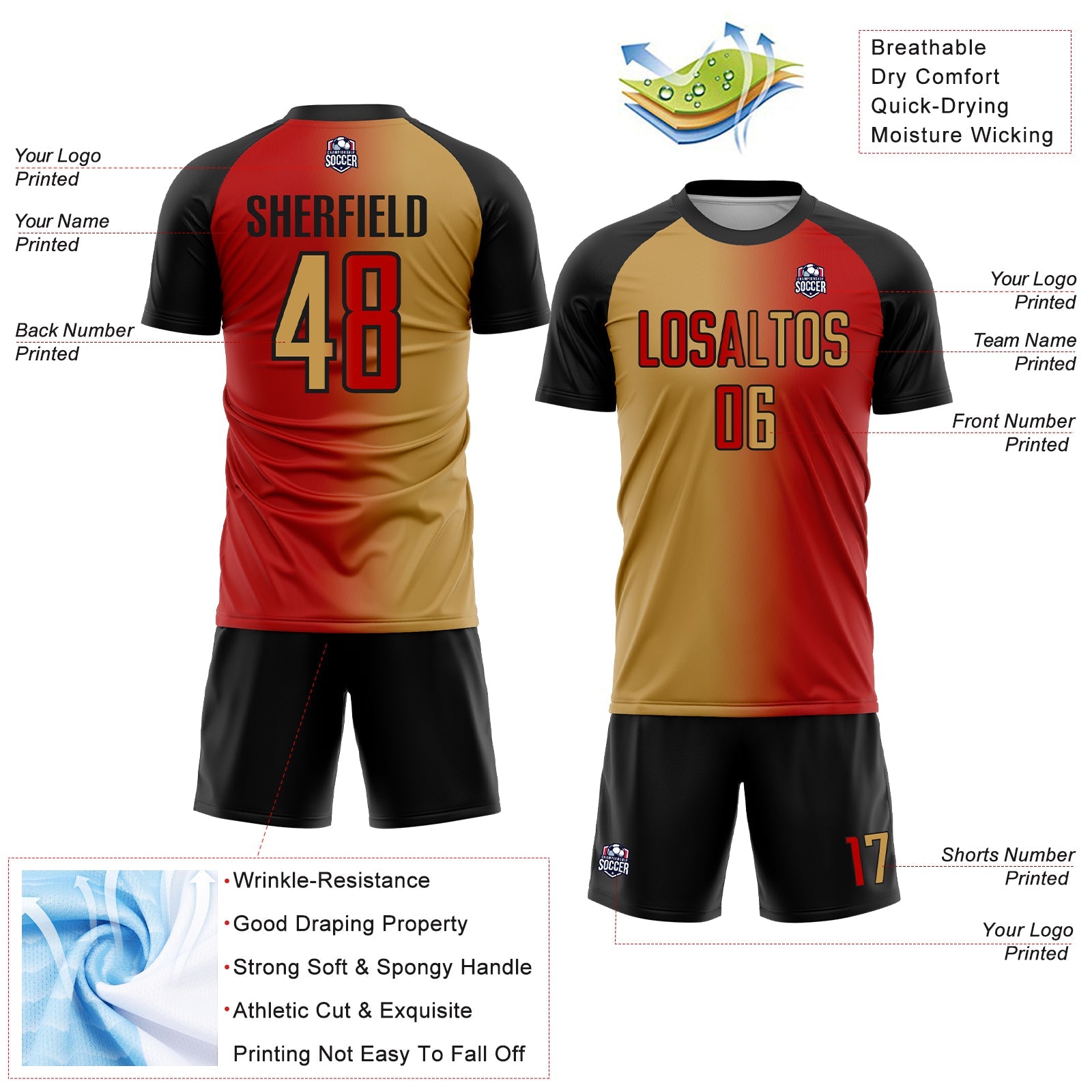 Custom Red Old Gold-Black Sublimation Gradient Fashion Soccer Uniform Jersey