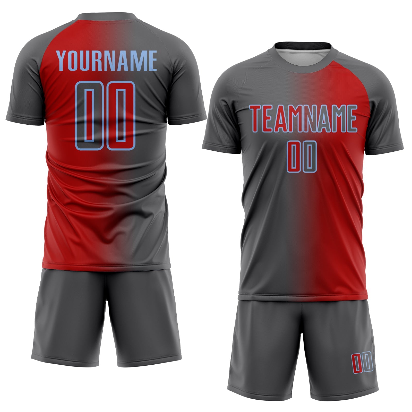 Custom Red Steel Gray-Light Blue Sublimation Gradient Fashion Soccer Uniform Jersey