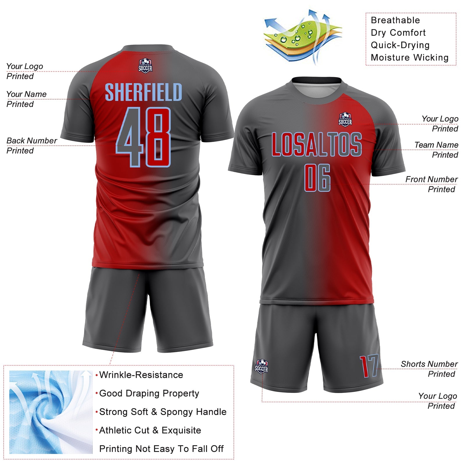 Custom Red Steel Gray-Light Blue Sublimation Gradient Fashion Soccer Uniform Jersey