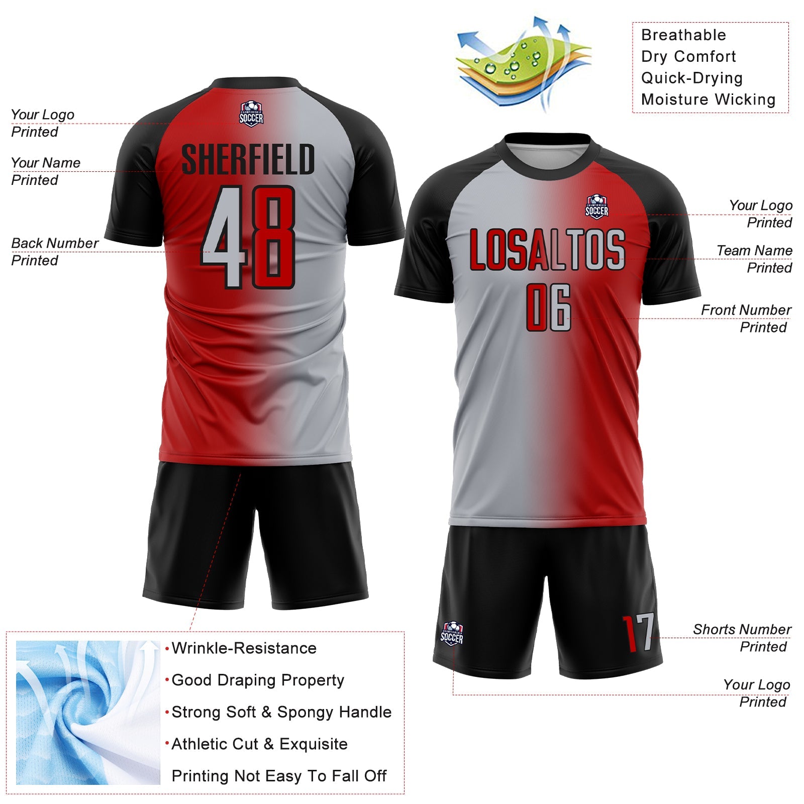 Custom Red Gray-Black Sublimation Gradient Fashion Soccer Uniform Jersey