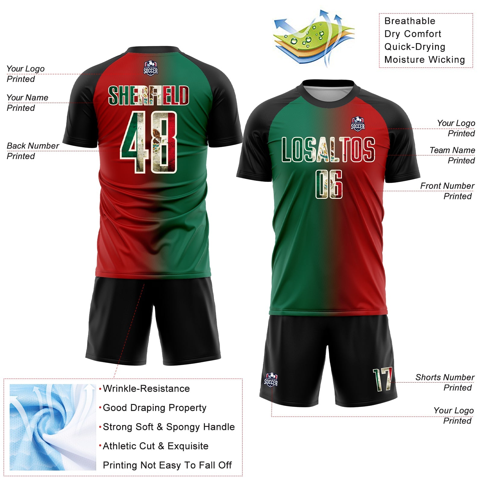 Custom Red Vintage Mexican Flag Kelly Green Black-Cream Sublimation Gradient Fashion Soccer Uniform Jersey