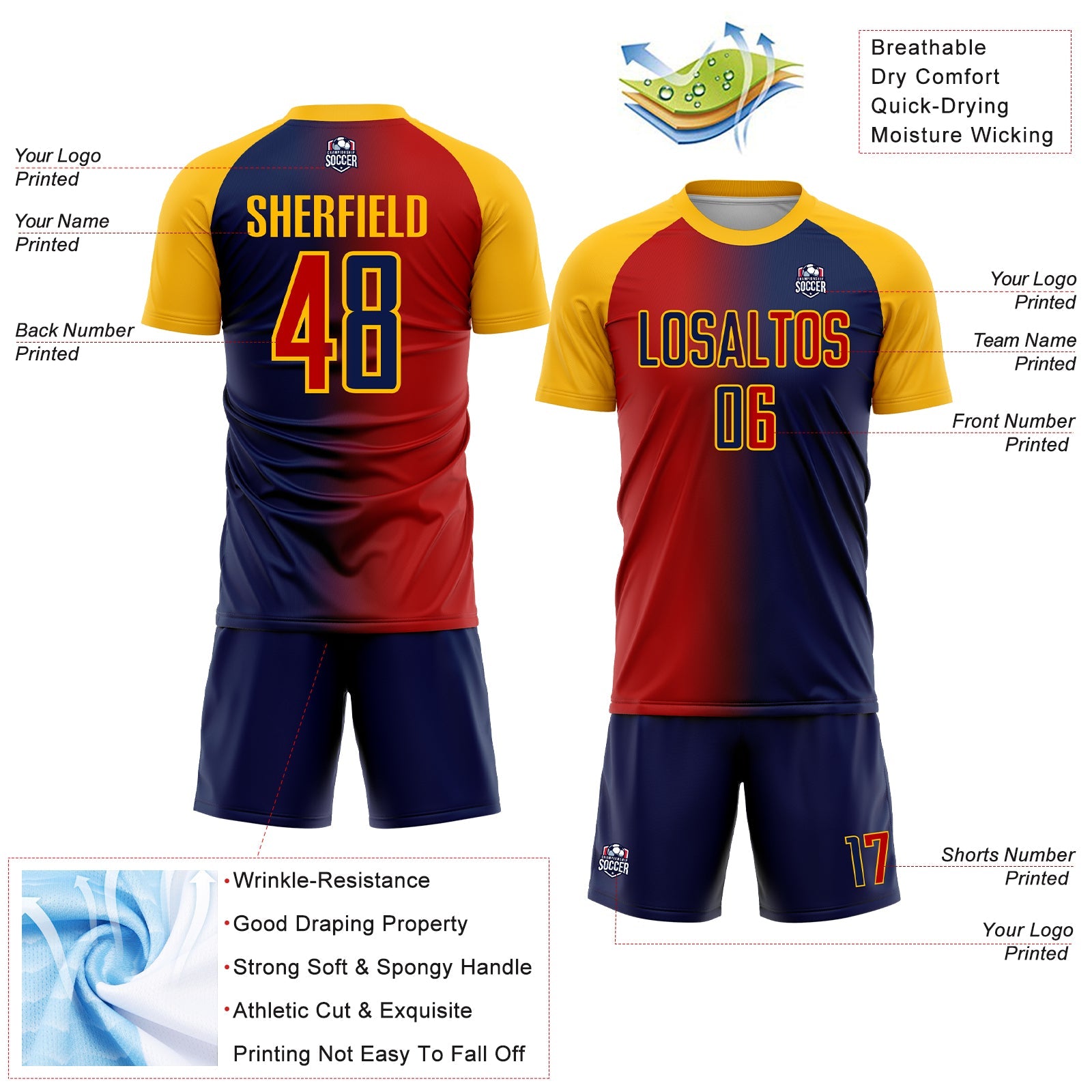 Custom Navy Red-Gold Sublimation Gradient Fashion Soccer Uniform Jersey