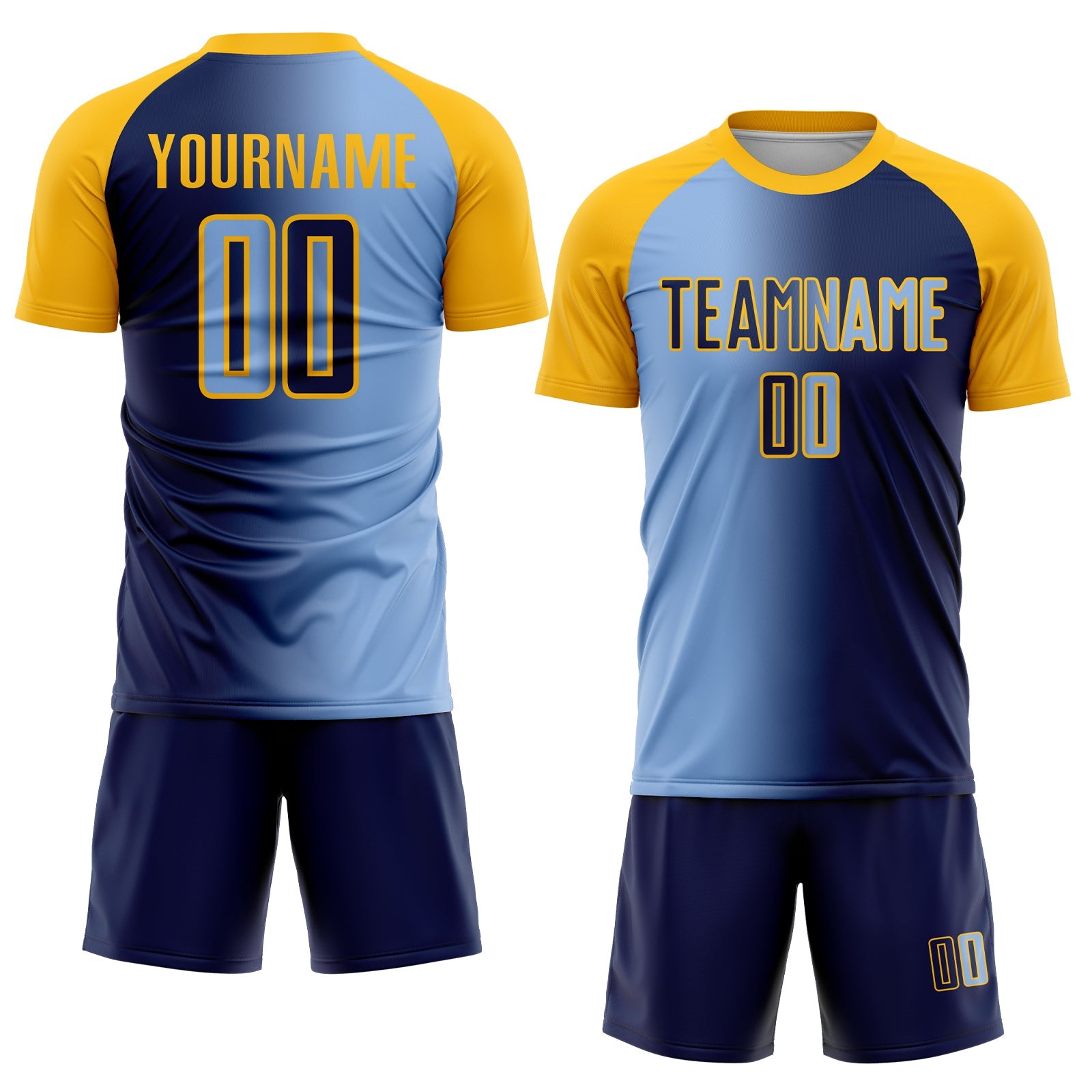 Custom Navy Light Blue-Gold Sublimation Gradient Fashion Soccer Uniform Jersey