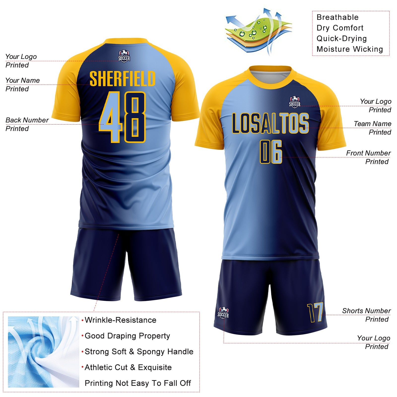 Custom Navy Light Blue-Gold Sublimation Gradient Fashion Soccer Uniform Jersey
