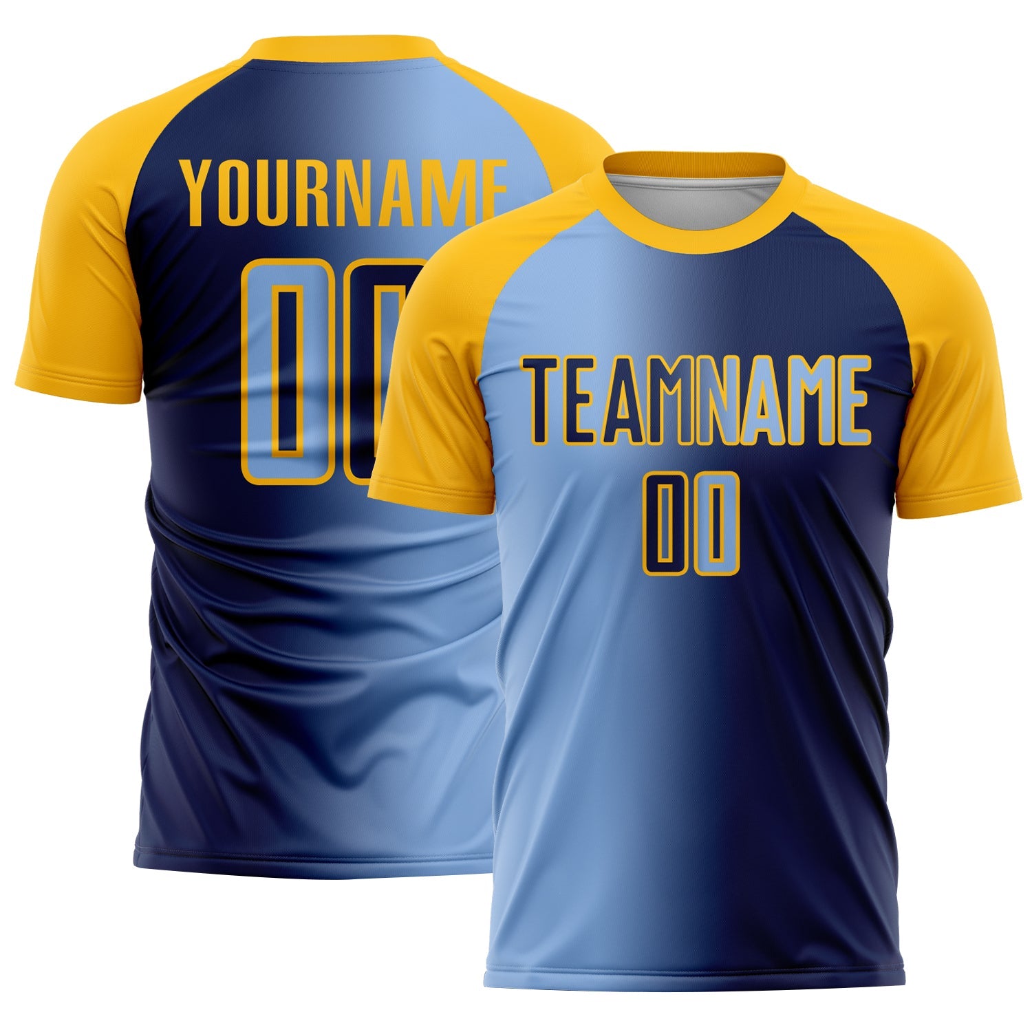 Custom Navy Light Blue-Gold Sublimation Gradient Fashion Soccer Uniform Jersey