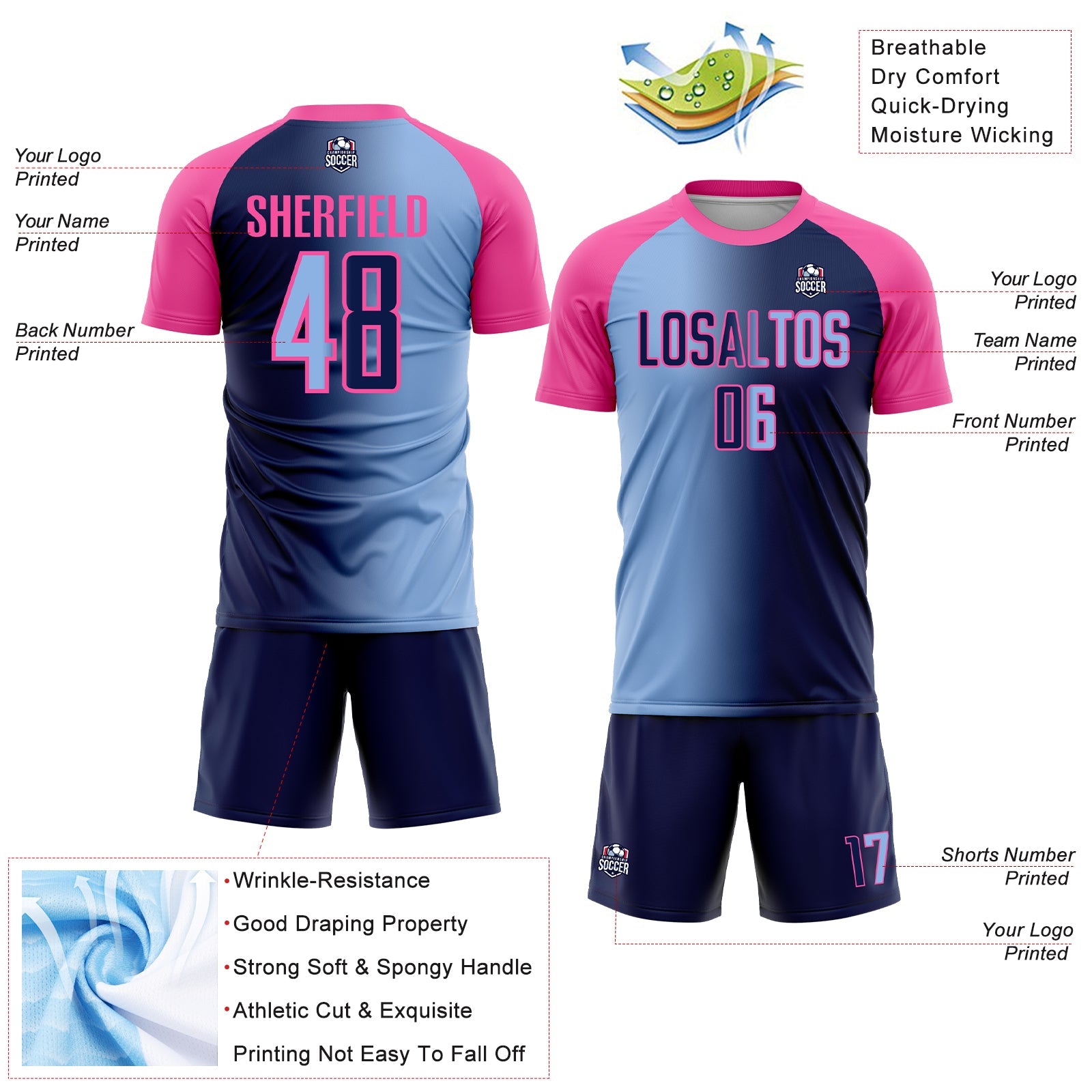 Custom Navy Light Blue-Pink Sublimation Gradient Fashion Soccer Uniform Jersey
