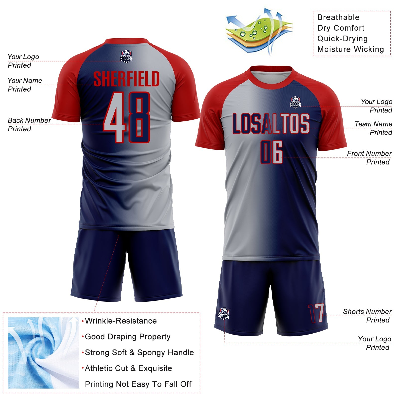Custom Navy Gray-Red Sublimation Gradient Fashion Soccer Uniform Jersey