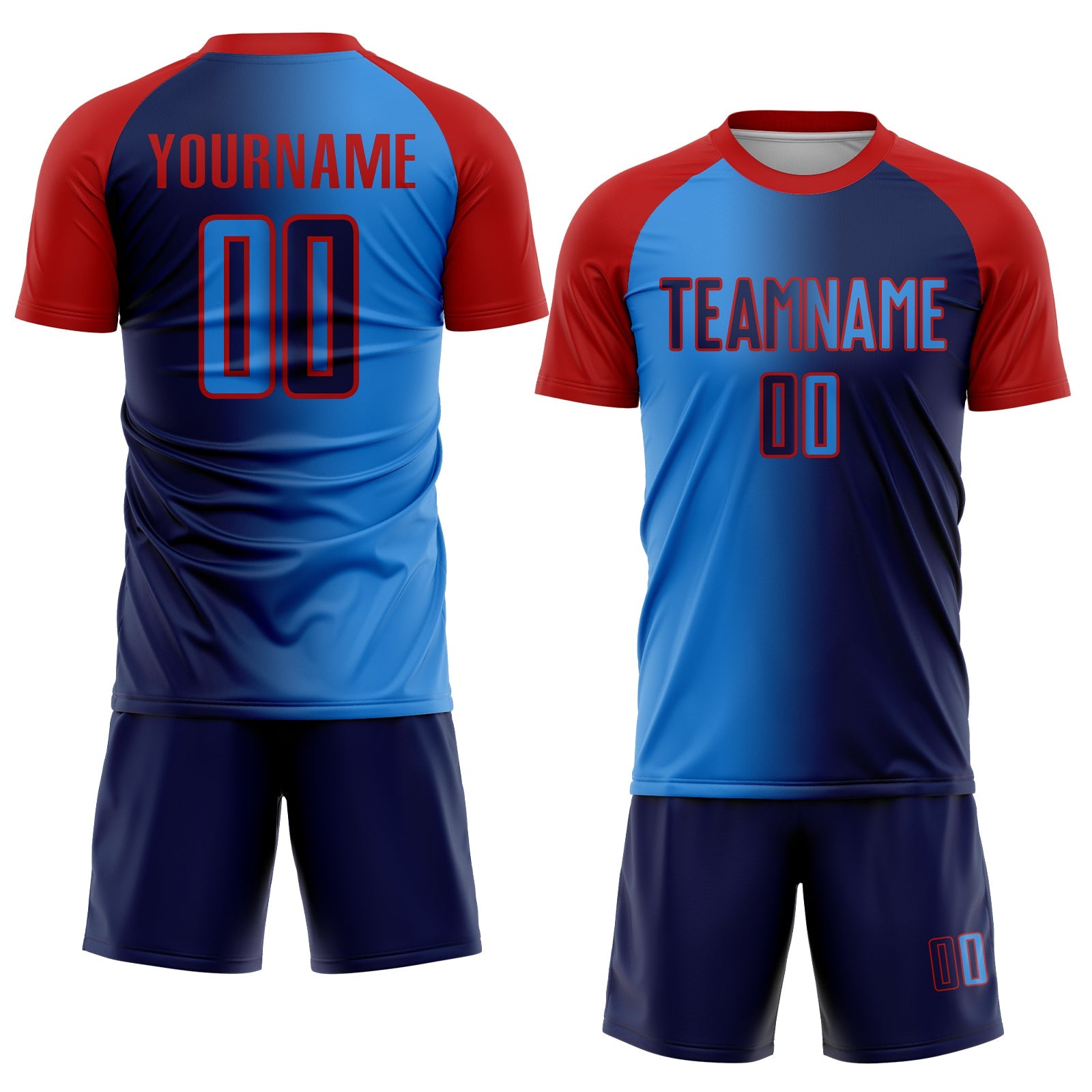 Custom Navy Powder Blue-Red Sublimation Gradient Fashion Soccer Uniform Jersey
