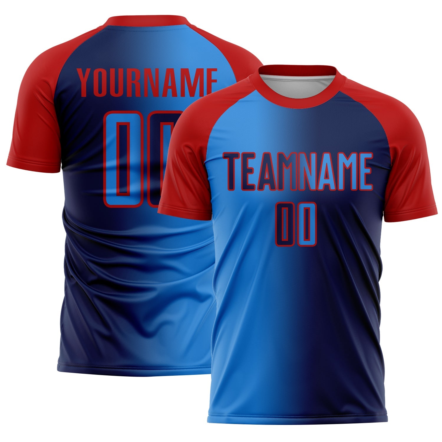 Custom Navy Powder Blue-Red Sublimation Gradient Fashion Soccer Uniform Jersey