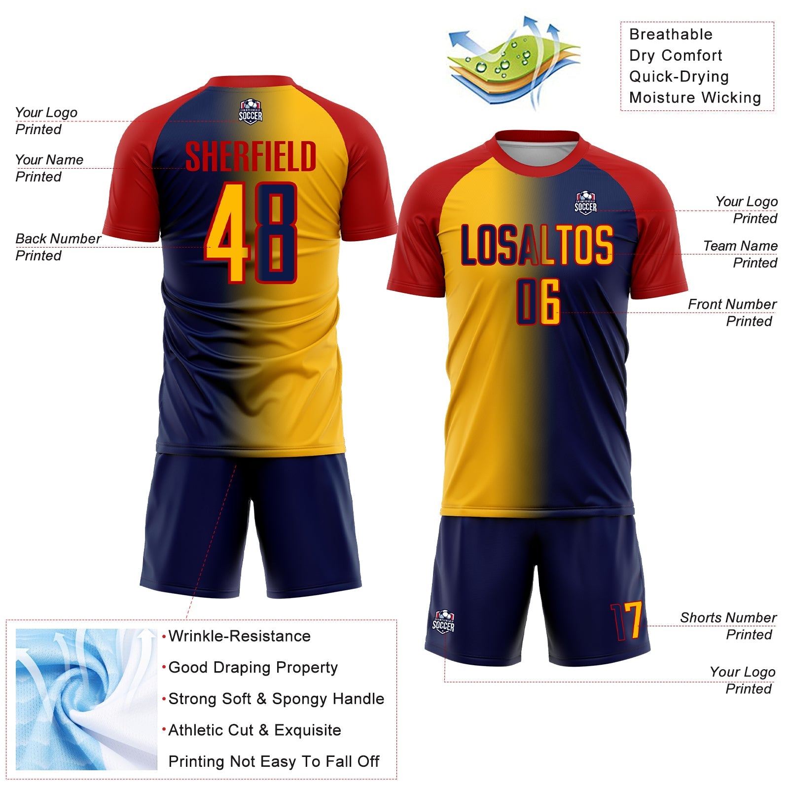Custom Navy Gold-Red Sublimation Gradient Fashion Soccer Uniform Jersey