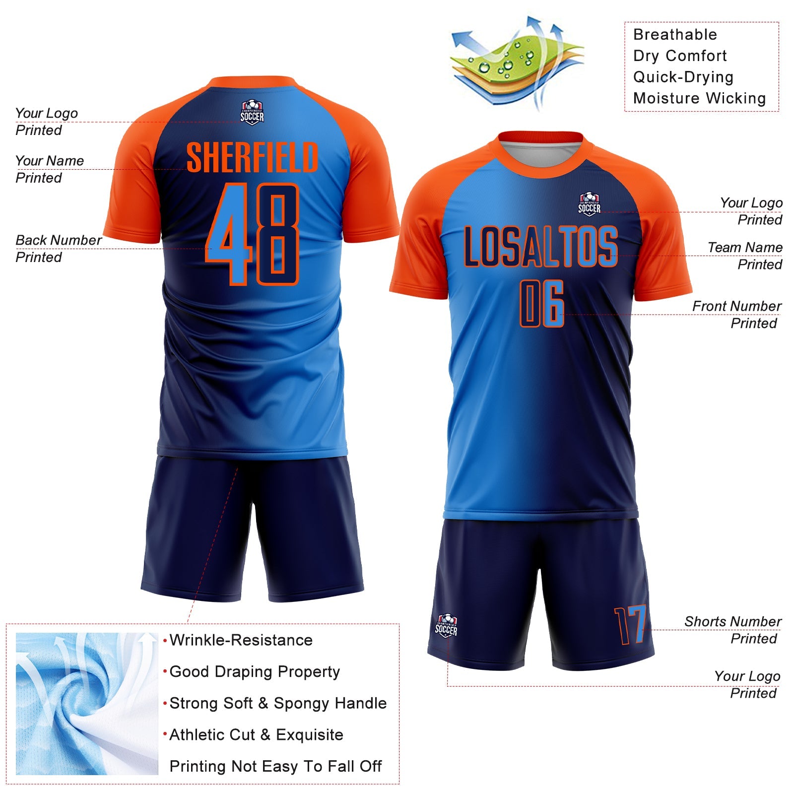 Custom Navy Powder Blue-Orange Sublimation Gradient Fashion Soccer Uniform Jersey