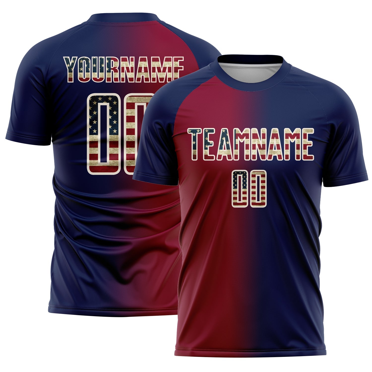 Custom Navy Vintage USA Flag Maroon-Cream Sublimation Gradient Fashion Soccer Uniform Jersey