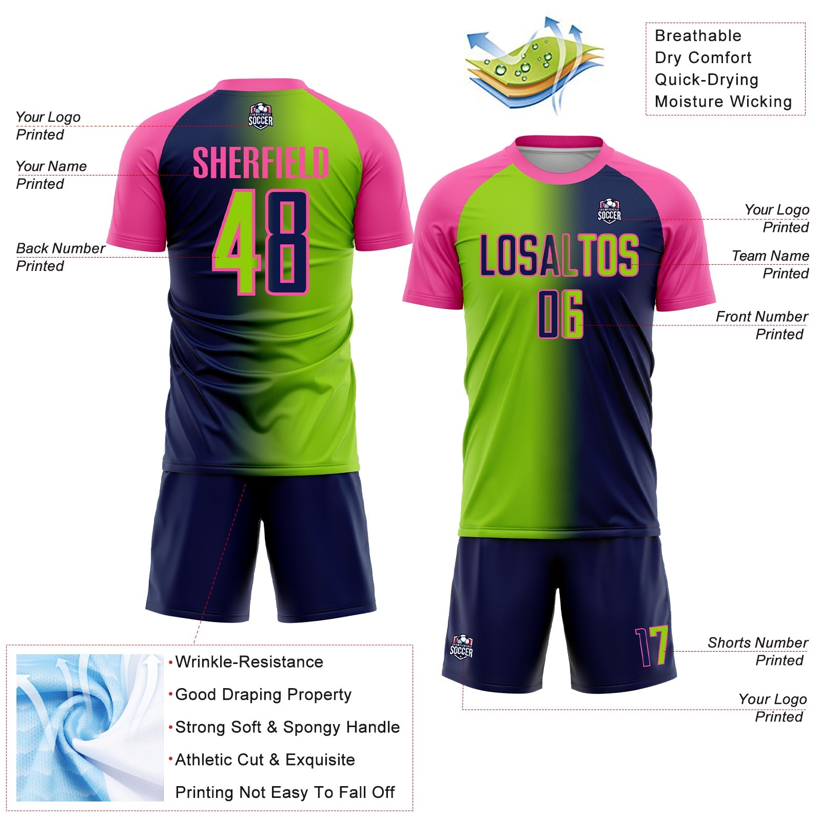 Custom Navy Neon Green-Pink Sublimation Gradient Fashion Soccer Uniform Jersey