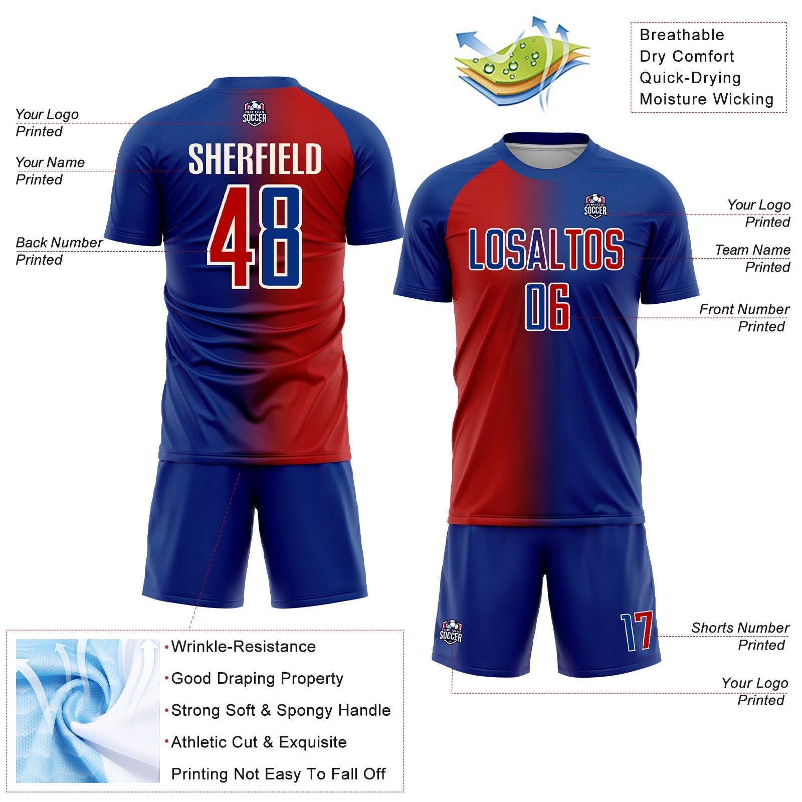 Custom Royal Red-Cream Sublimation Gradient Fashion Soccer Uniform Jersey