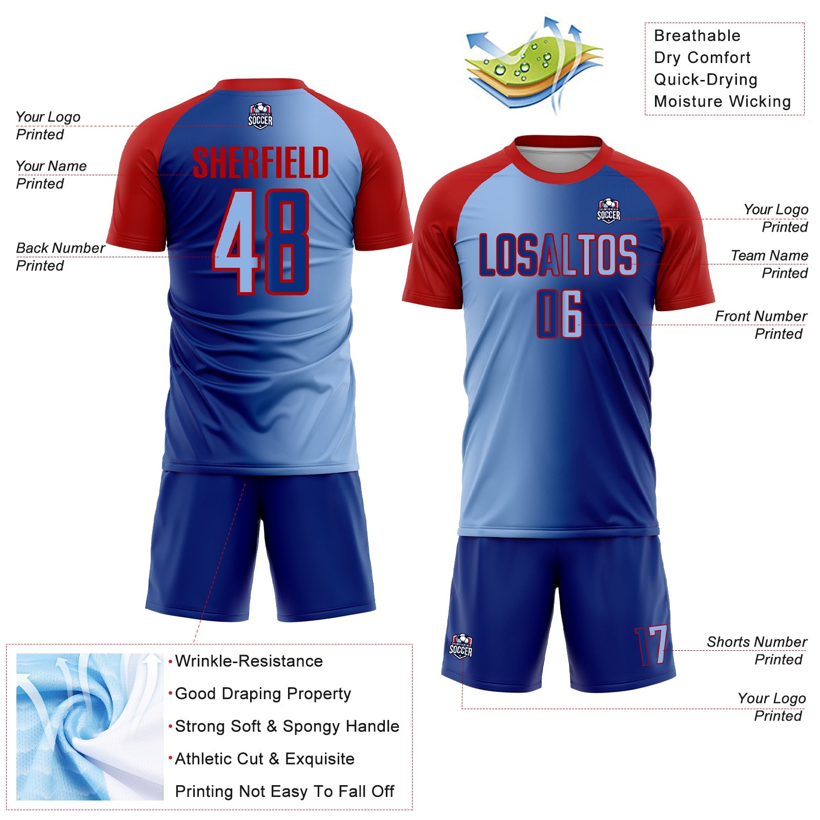 Custom Royal Light Blue-Red Sublimation Gradient Fashion Soccer Uniform Jersey