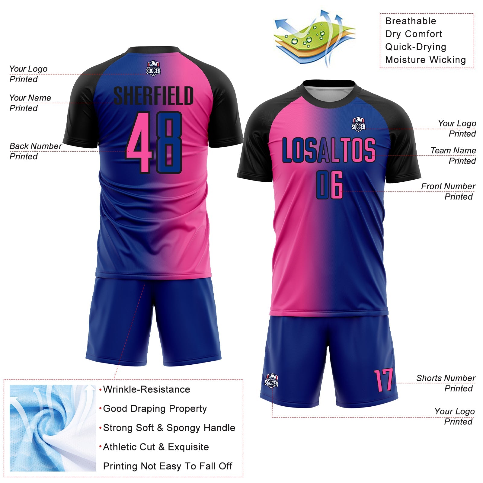 Custom Royal Pink-Black Sublimation Gradient Fashion Soccer Uniform Jersey