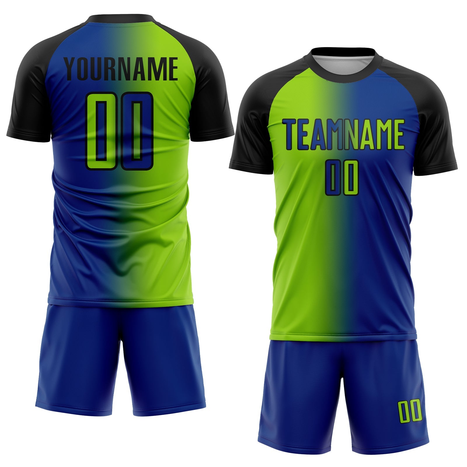 Custom Royal Neon Green-Black Sublimation Gradient Fashion Soccer Uniform Jersey