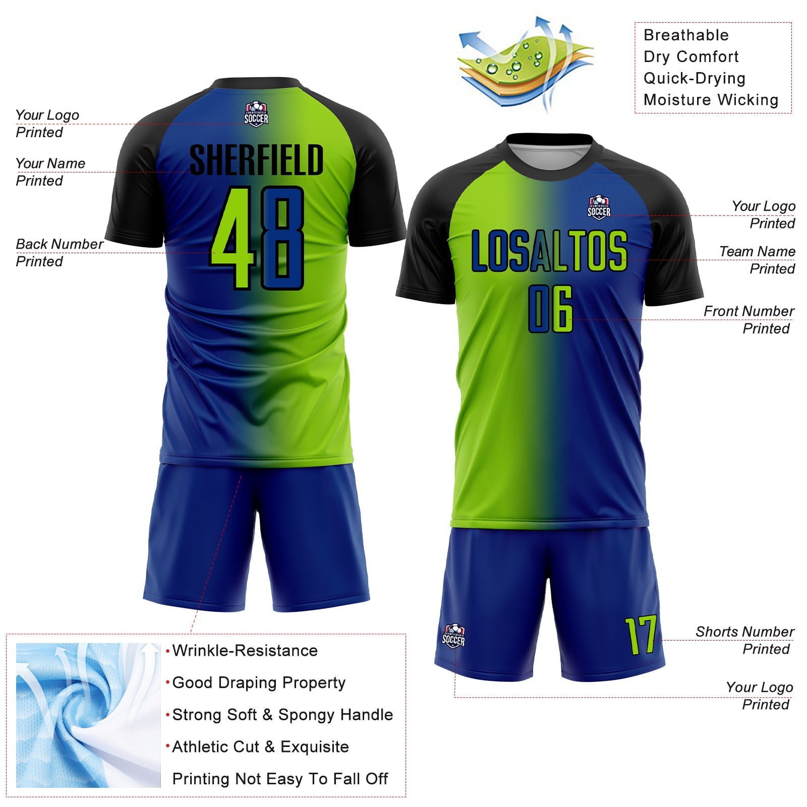 Custom Royal Neon Green-Black Sublimation Gradient Fashion Soccer Uniform Jersey