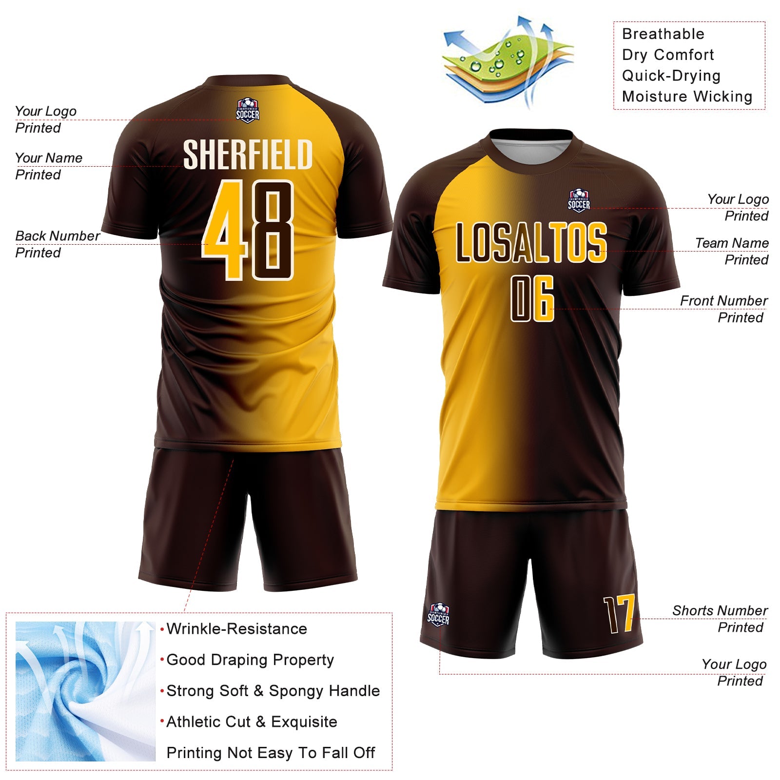 Custom Brown Gold-Cream Sublimation Gradient Fashion Soccer Uniform Jersey