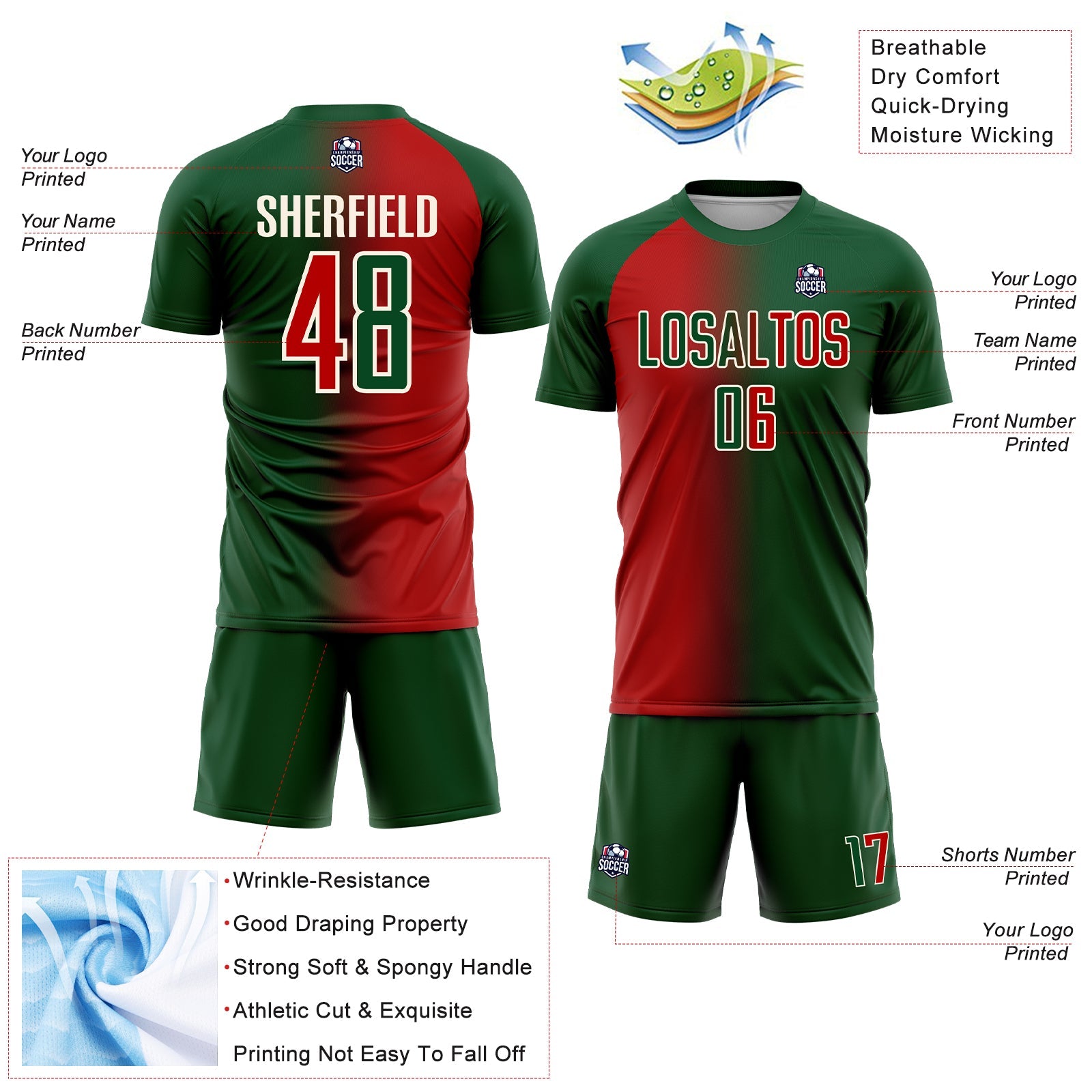 Custom Green Red-Cream Sublimation Gradient Fashion Soccer Uniform Jersey
