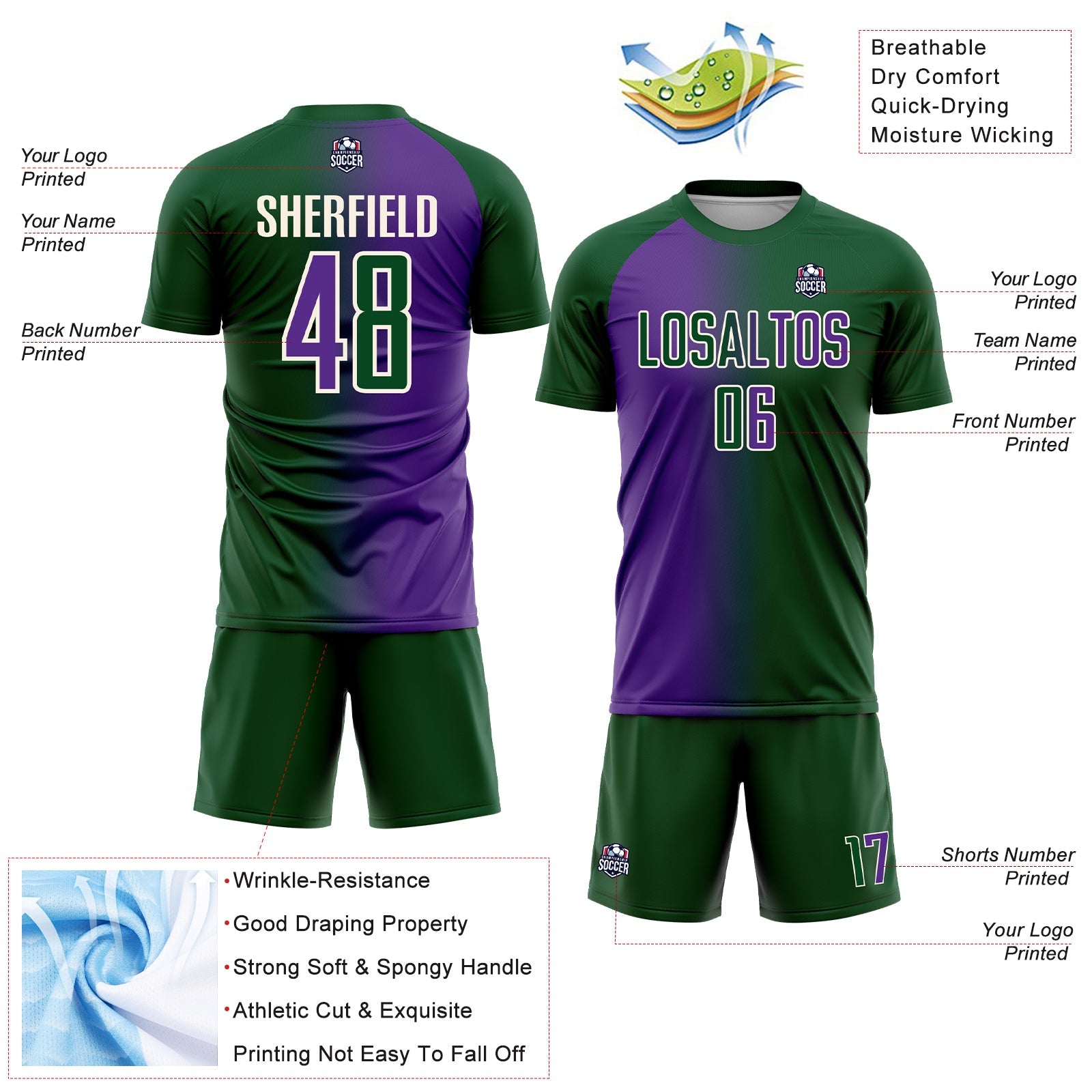 Custom Green Purple-Cream Sublimation Gradient Fashion Soccer Uniform Jersey